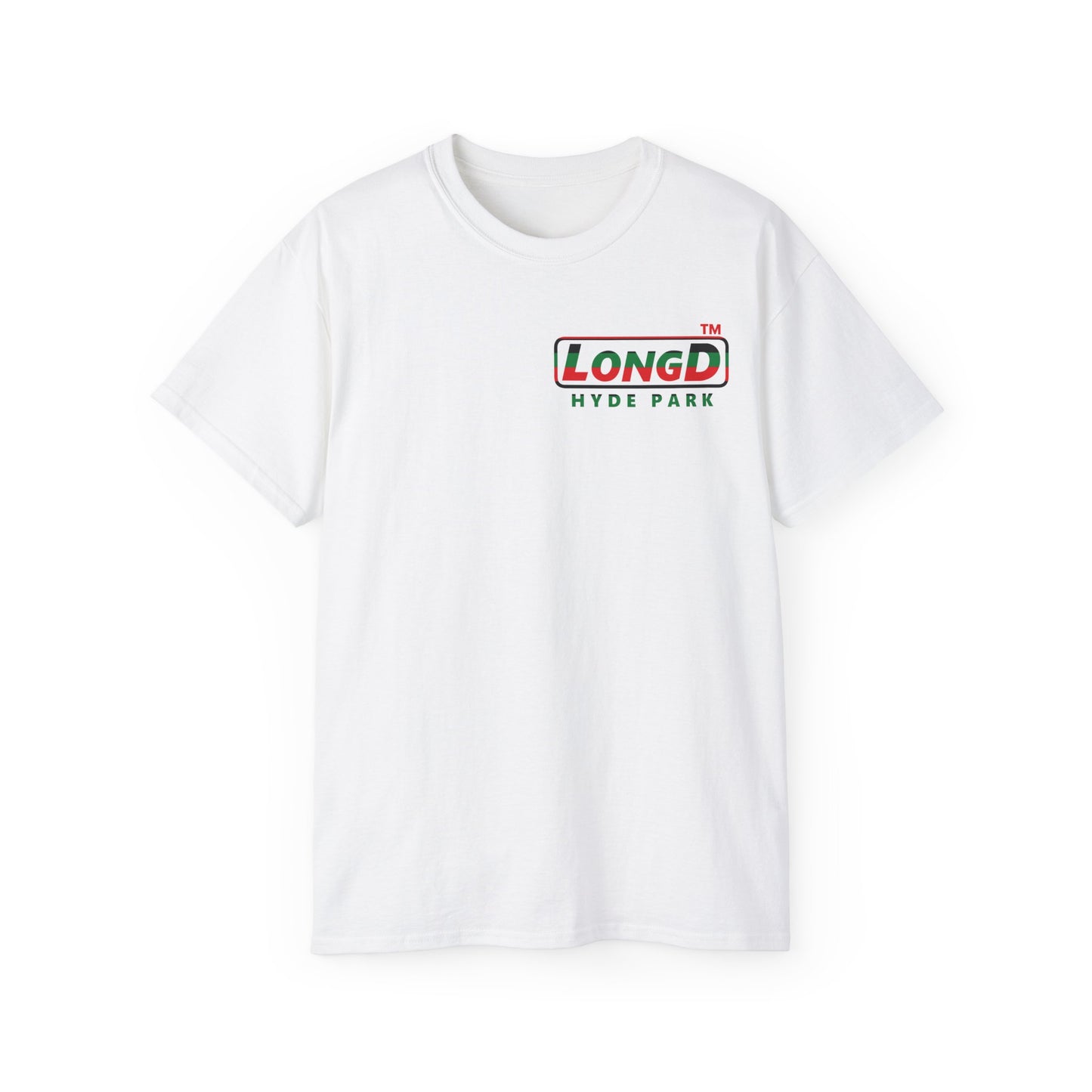 LongD positive horizontal 6-striped Hyde Park logo single-breasted front-back cotton tee (Juneteenth colors)