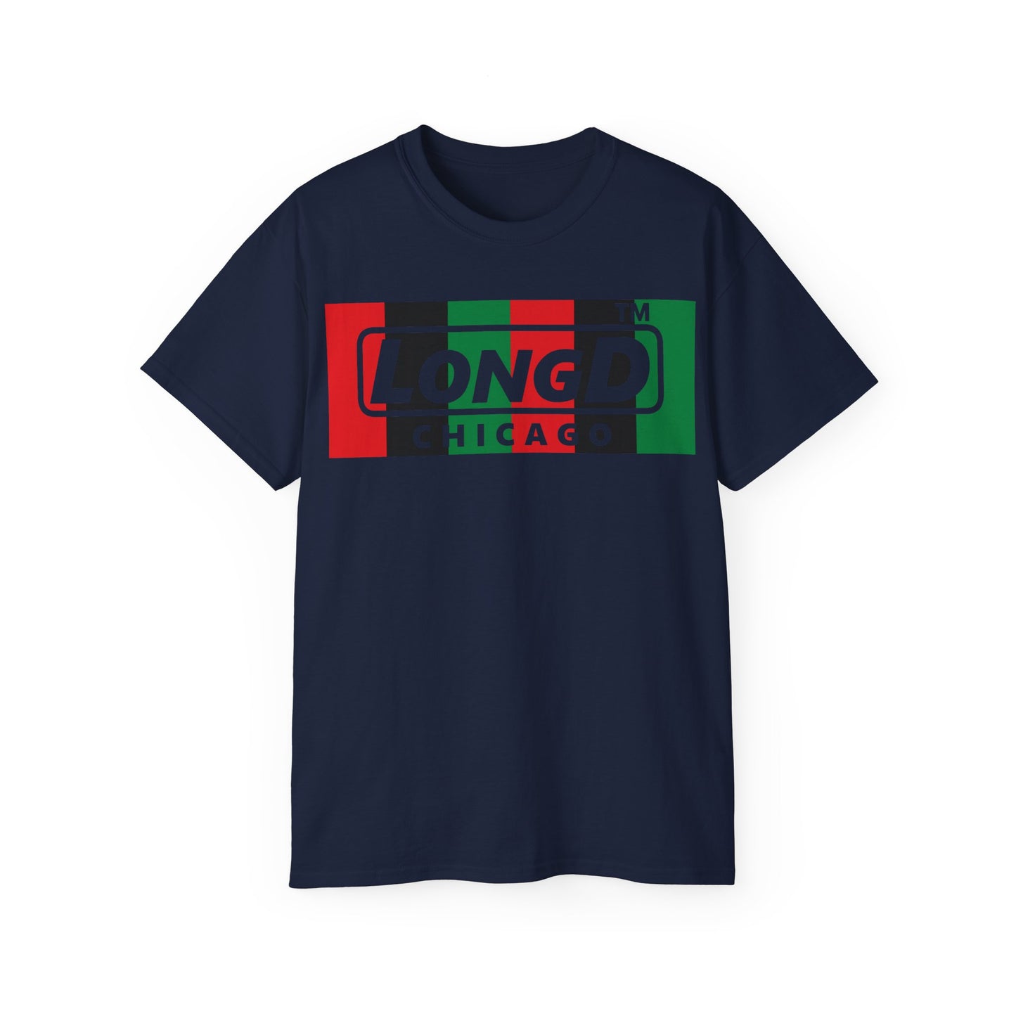 LongD negative vertical 6-striped Chicago logo front-back cotton tee (Juneteenth colors)