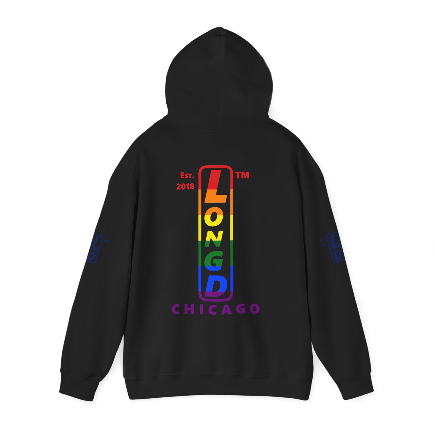 LongD® positive horizontal 6-striped Chicago 4-print upright logo hoodie (Pride colors)