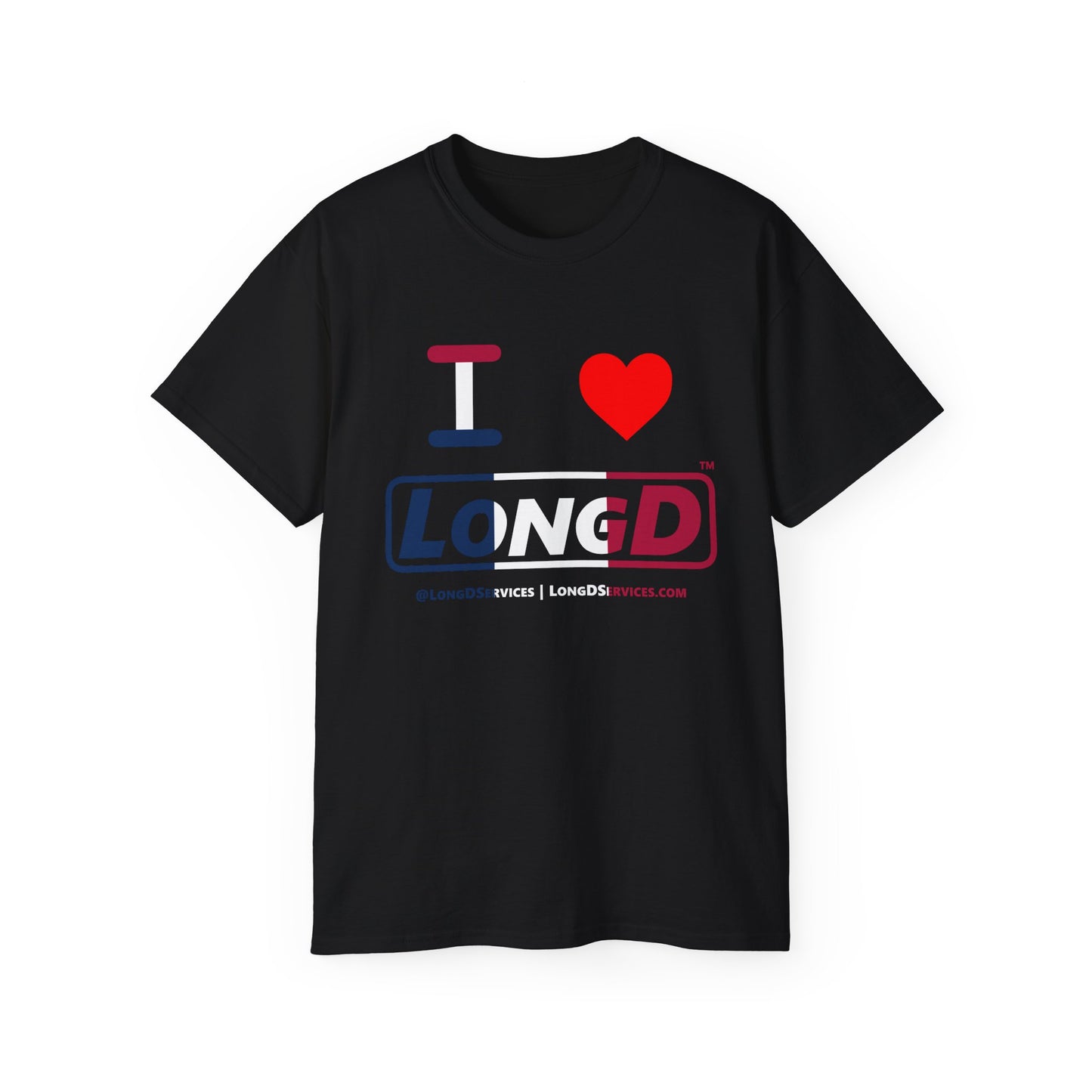 I Luv LongD® Logo Cotton Tee Blue, White and Red positive thirds text