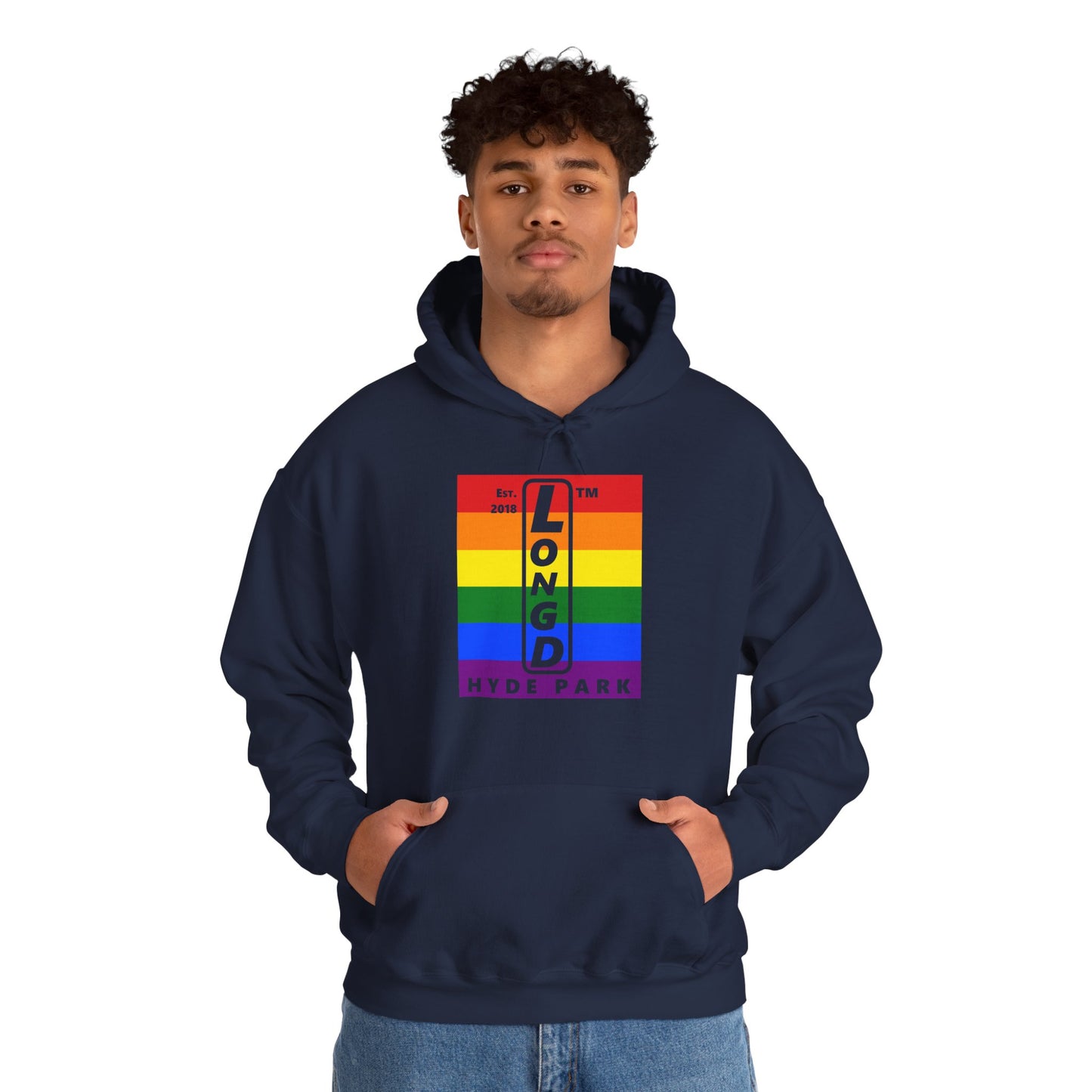 LongD® negative horizontal 6-striped upright Hyde Park logo hoodie (Pride colors)