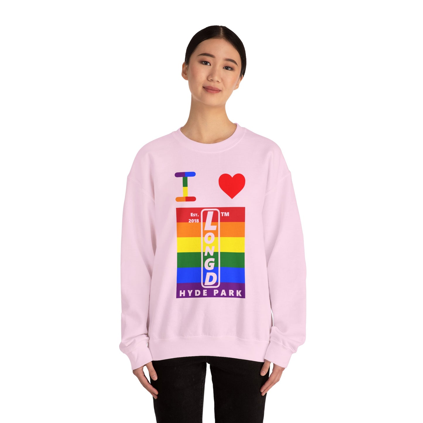 I Luv LongD negative horizontal 6-striped Hyde Park upright logo crewneck sweatshirt