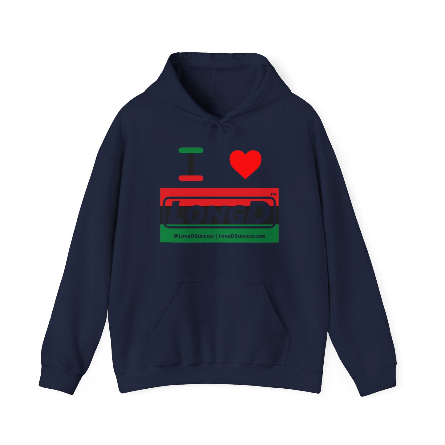 I Luv LongD® Logo Hoodie with Juneteenth striped negative text