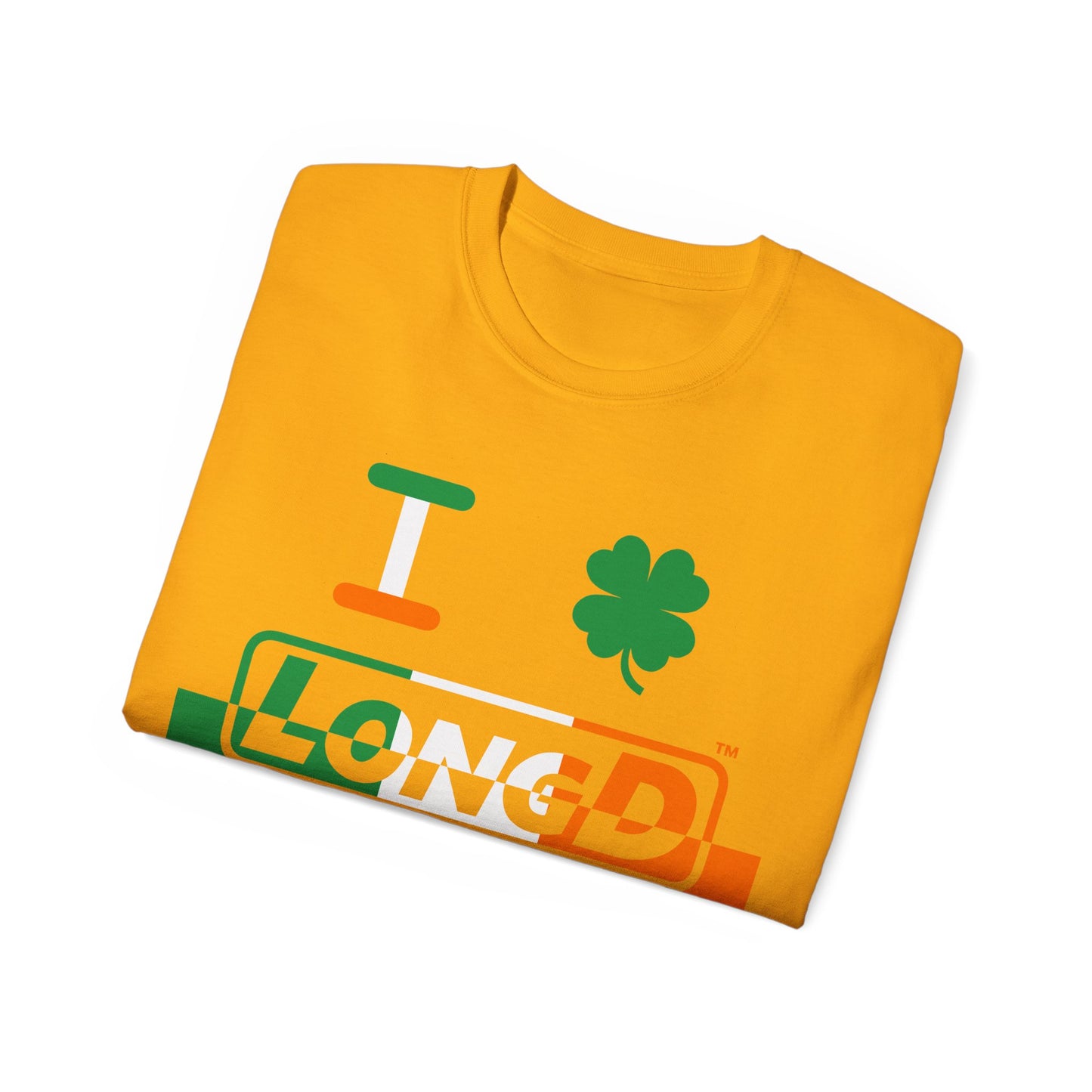 I Clover LongD® Logo Cotton Tee (St. Patrick's Day -Irish Green, White and Irish Orange thirds top-bottom positive-negative split with 4-leaf clover)