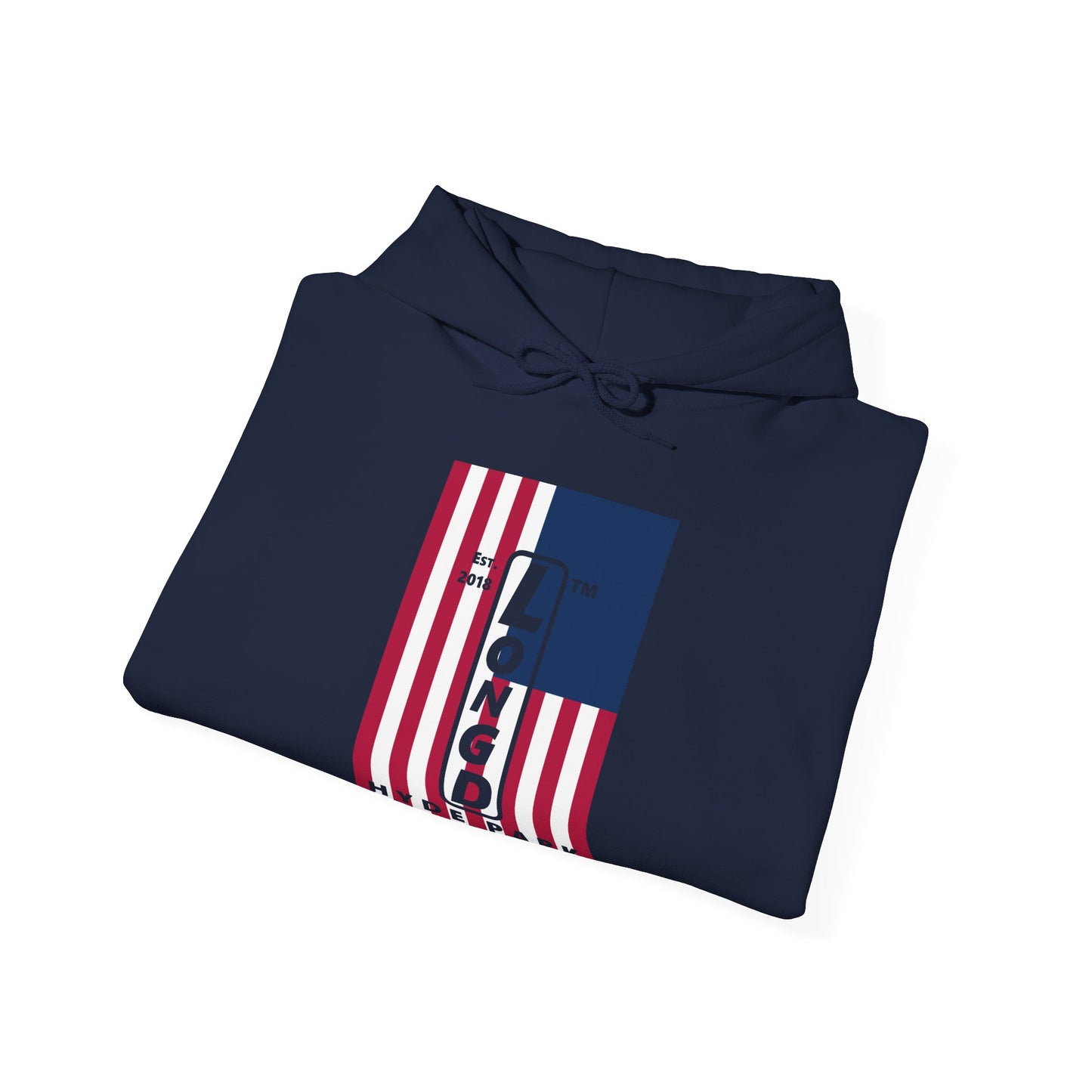 LongD® negative cropped flag upright Hyde Park logo hoodie (Patriotic colors)