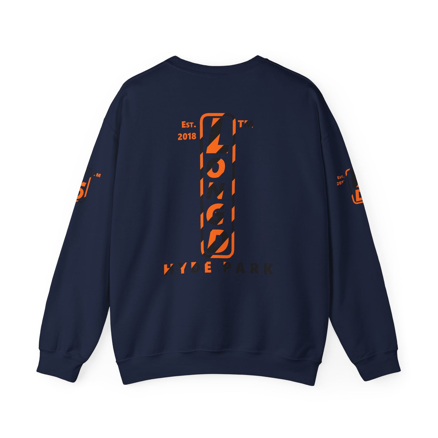 LongD Hyde Park positive upright pixel-weighted 12-striped 4-print logo (Halloween colors) crewneck sweatshirt