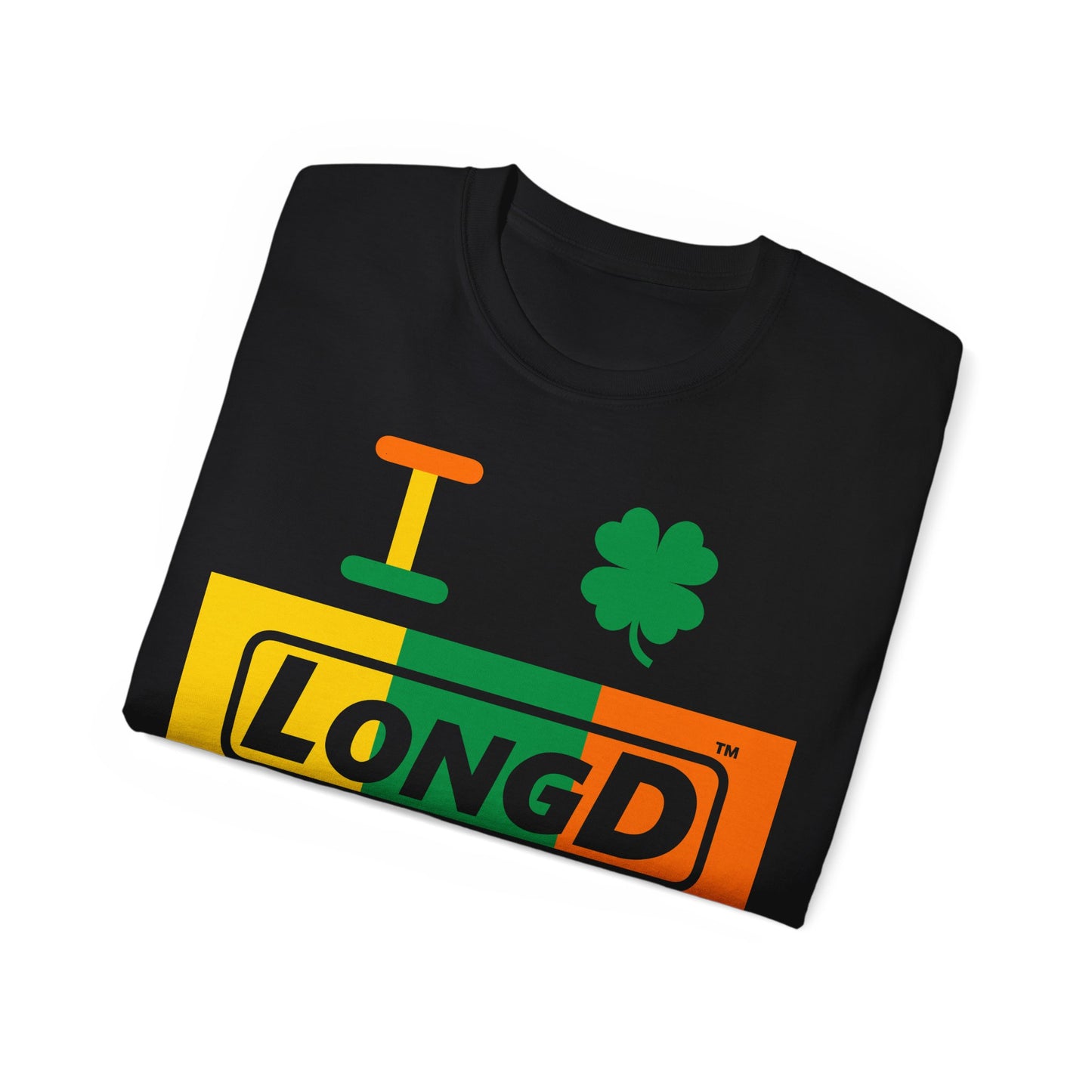 I Clover LongD® Logo Cotton Tee (St. Patrick's Day -Irish Green, Golden Yellow and Irish Orange negative thirds with 4-leaf clover)