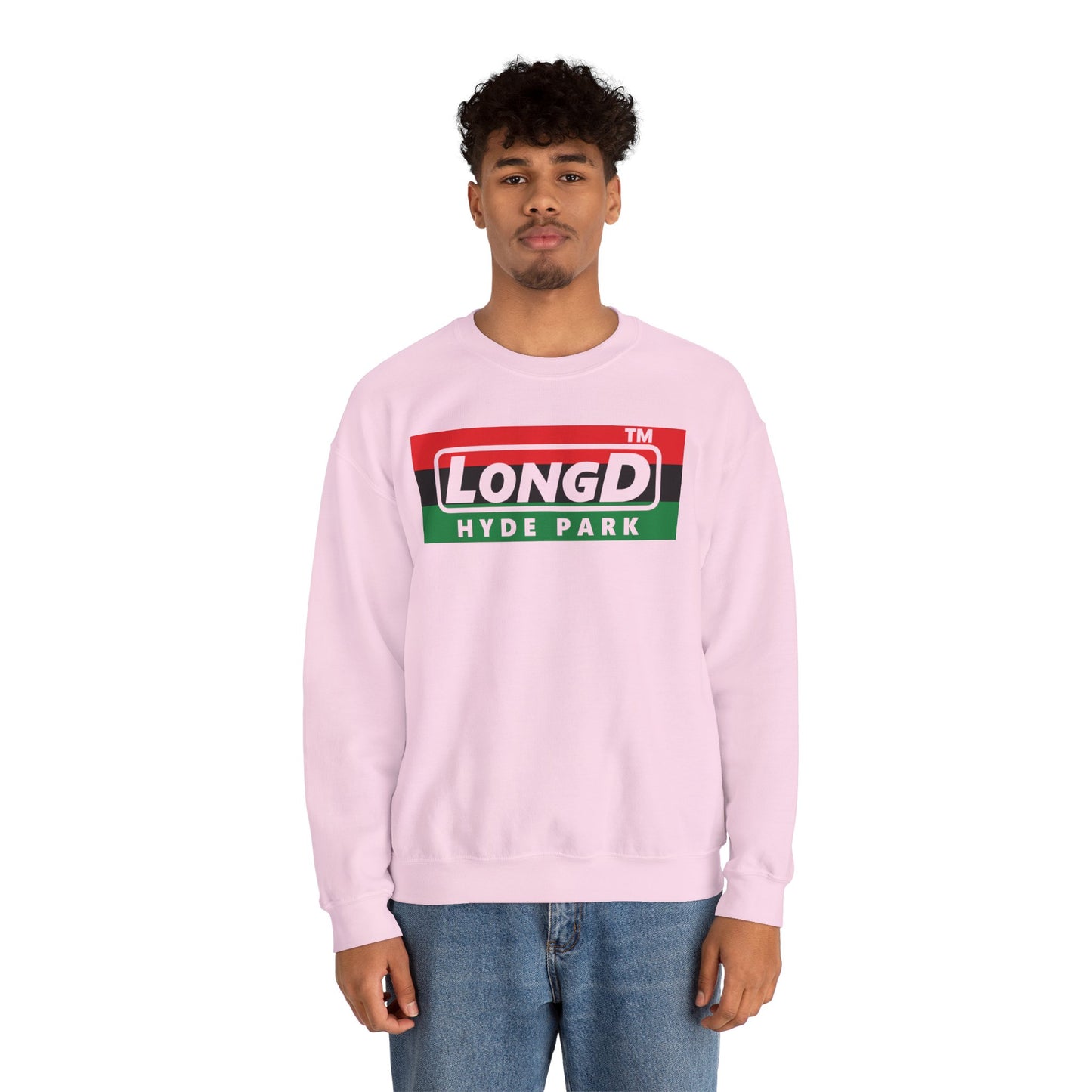 LongD negative horizontal 3-striped Hyde Park logo crewneck sweatshirt (Juneteenth colors)