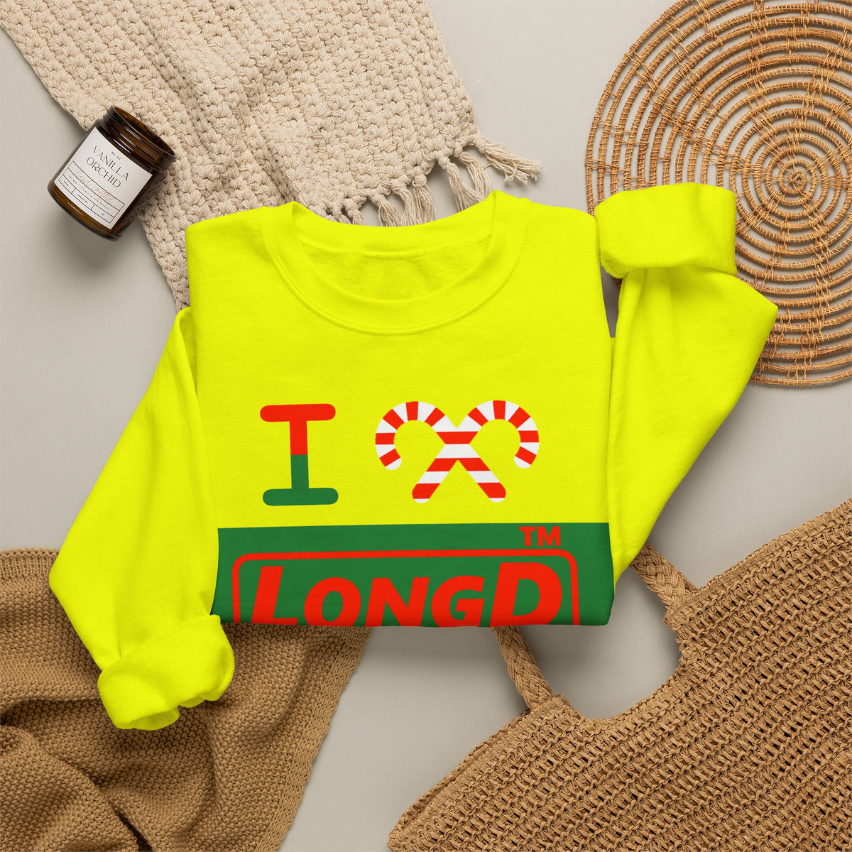 I candy cane LongD Chicago logo positive red on negative green crewneck sweatshirt