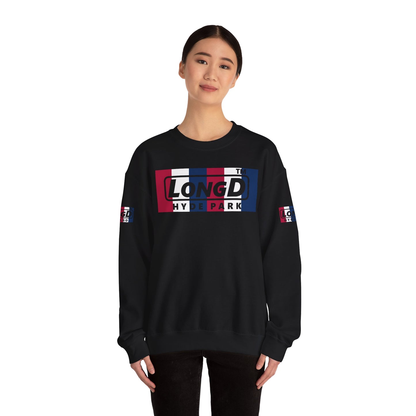 LongD negative vertical 6-striped 4-print double-breasted Hyde Park logo crewneck sweatshirt (patriotic colors)
