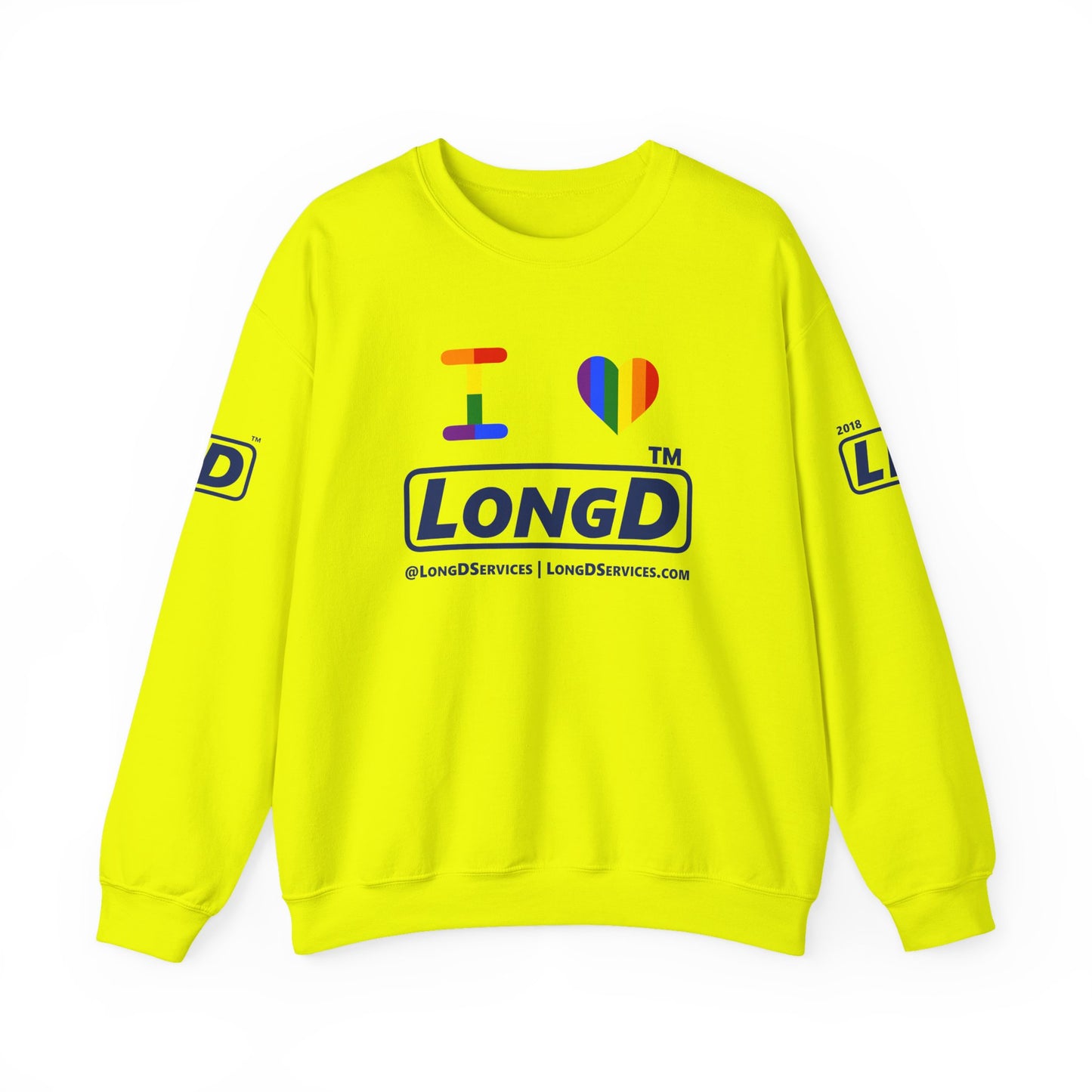 I Luv LongD official basic 4-print tag-domain logo crewneck sweatshirt with Pride heart