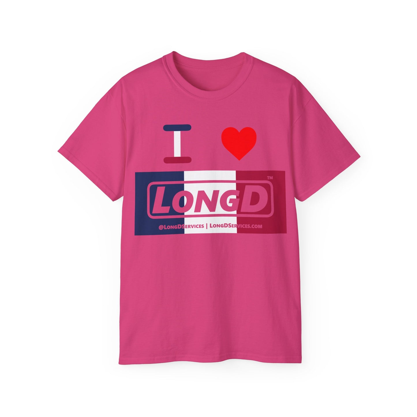 I Luv LongD® Logo Cotton Tee Blue, White and Red negative thirds text