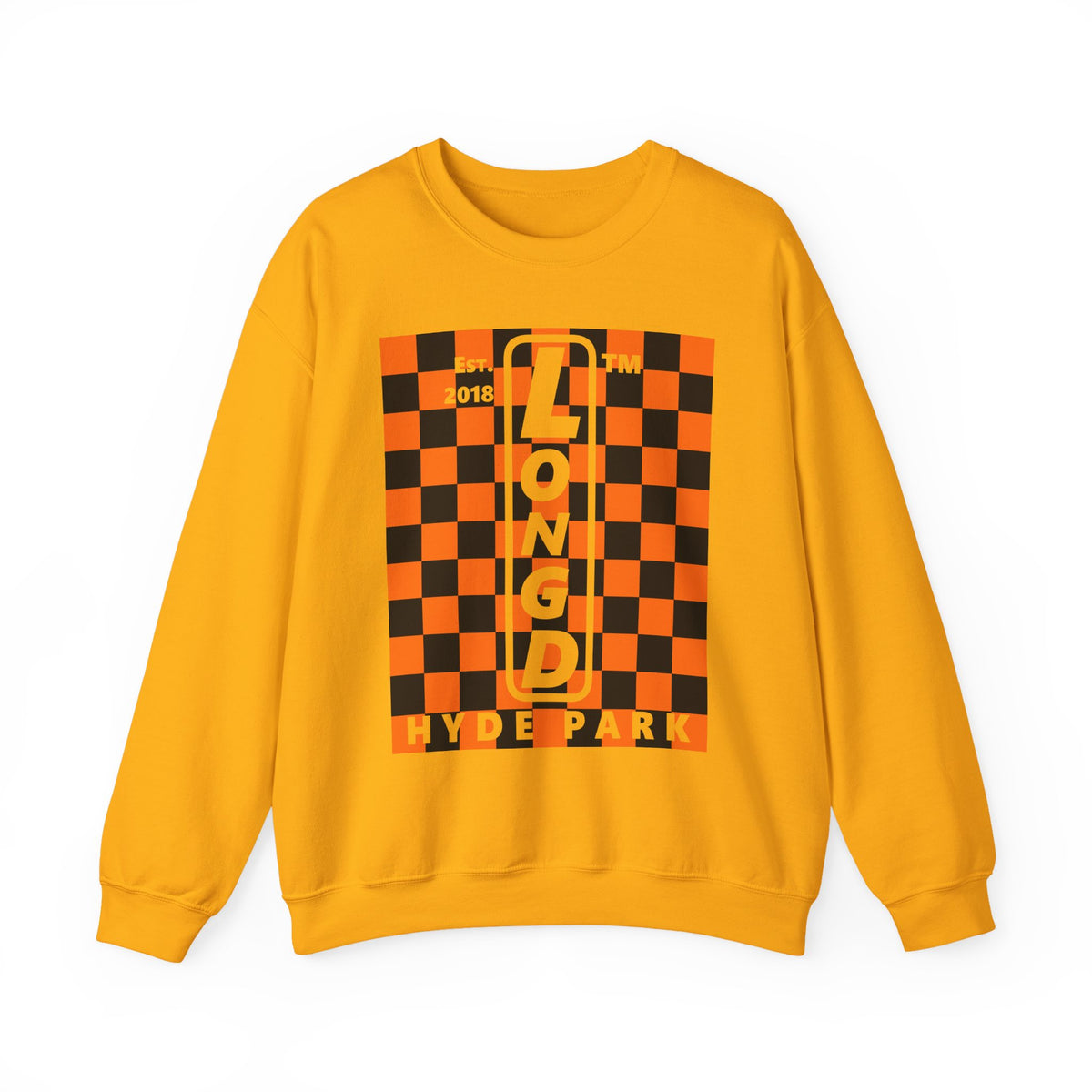 LongD Hyde Park negative upright checkered logo (Halloween colors) crewneck sweatshirt