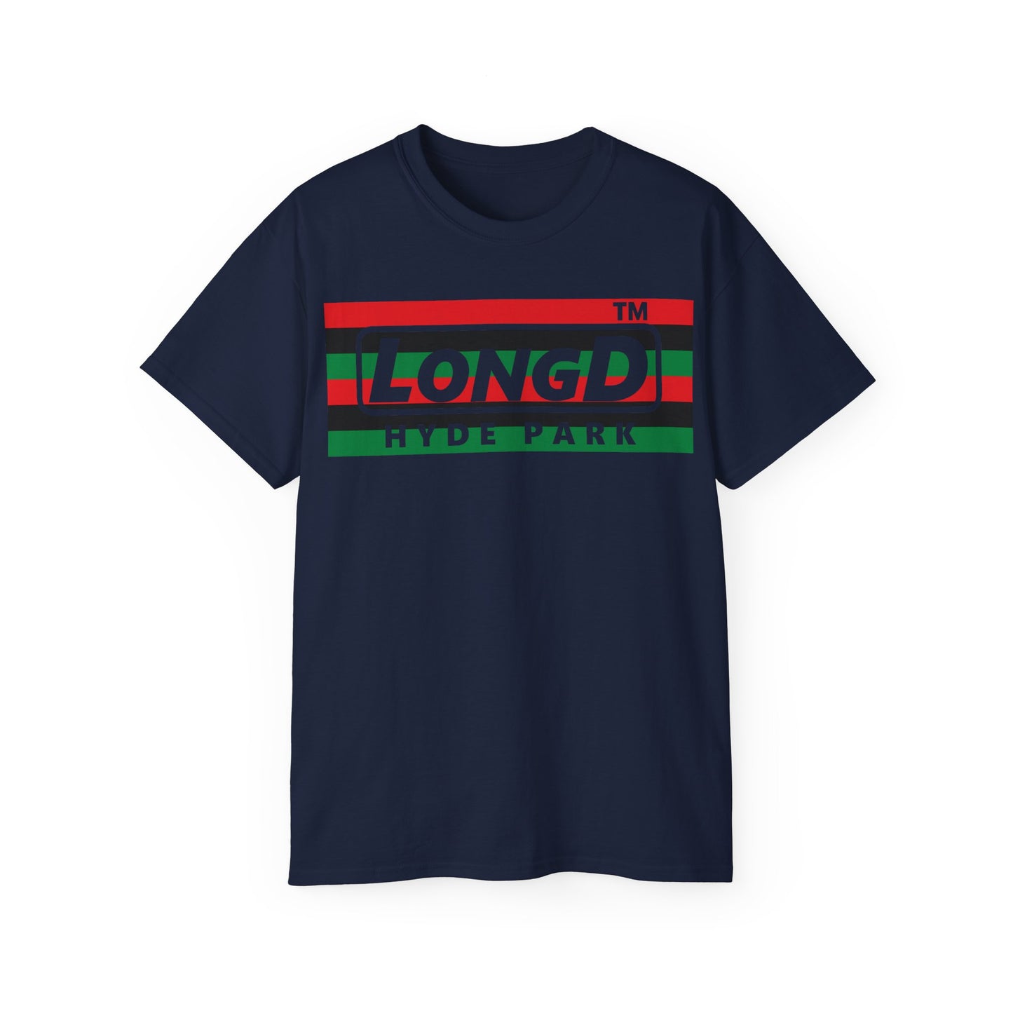 LongD negative horizontal 6-striped Hyde Park logo cotton tee (Juneteenth colors)