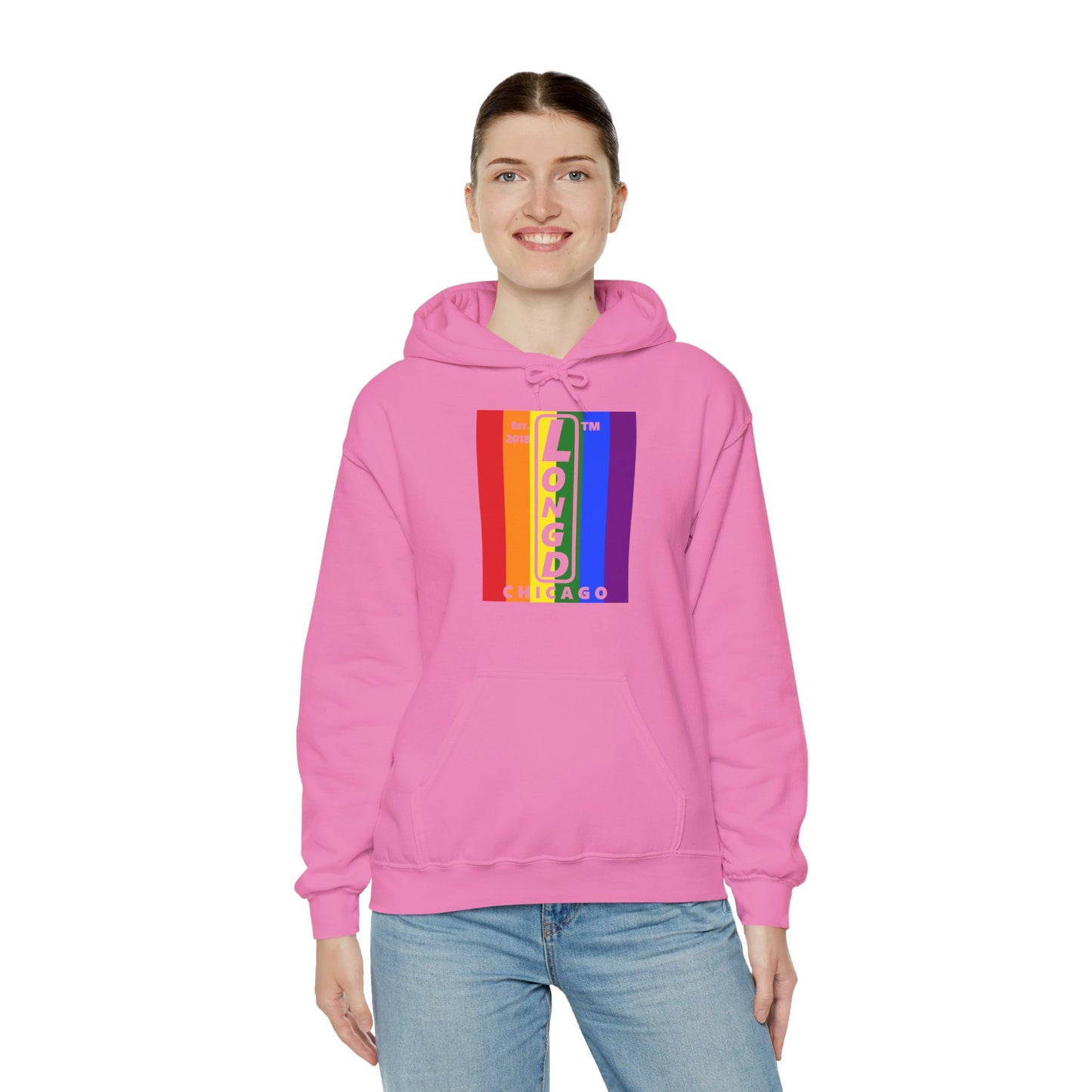 LongD® negative vertical 6-striped upright Chicago logo hoodie (Pride colors)