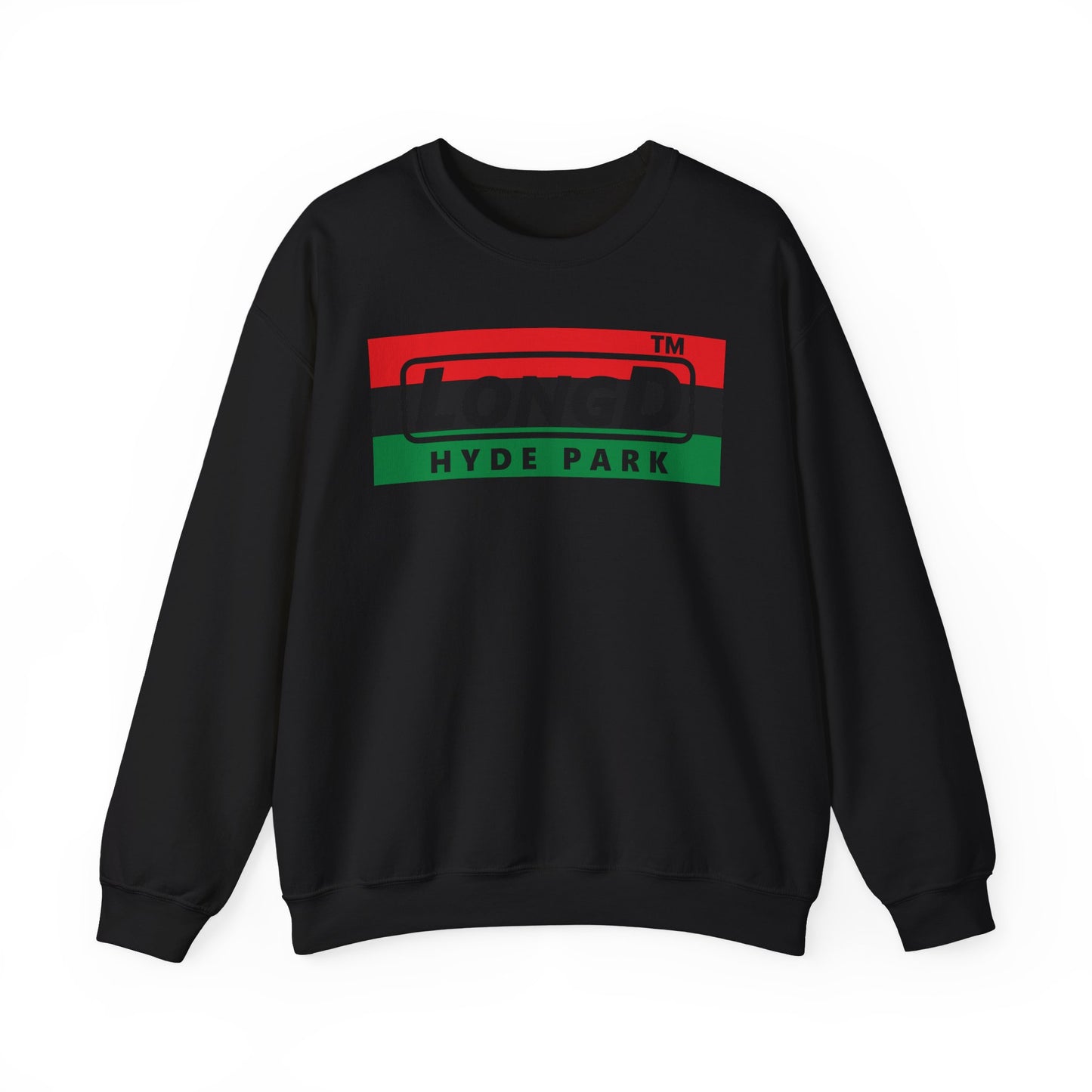 LongD negative horizontal 3-striped Hyde Park logo crewneck sweatshirt (Juneteenth colors)