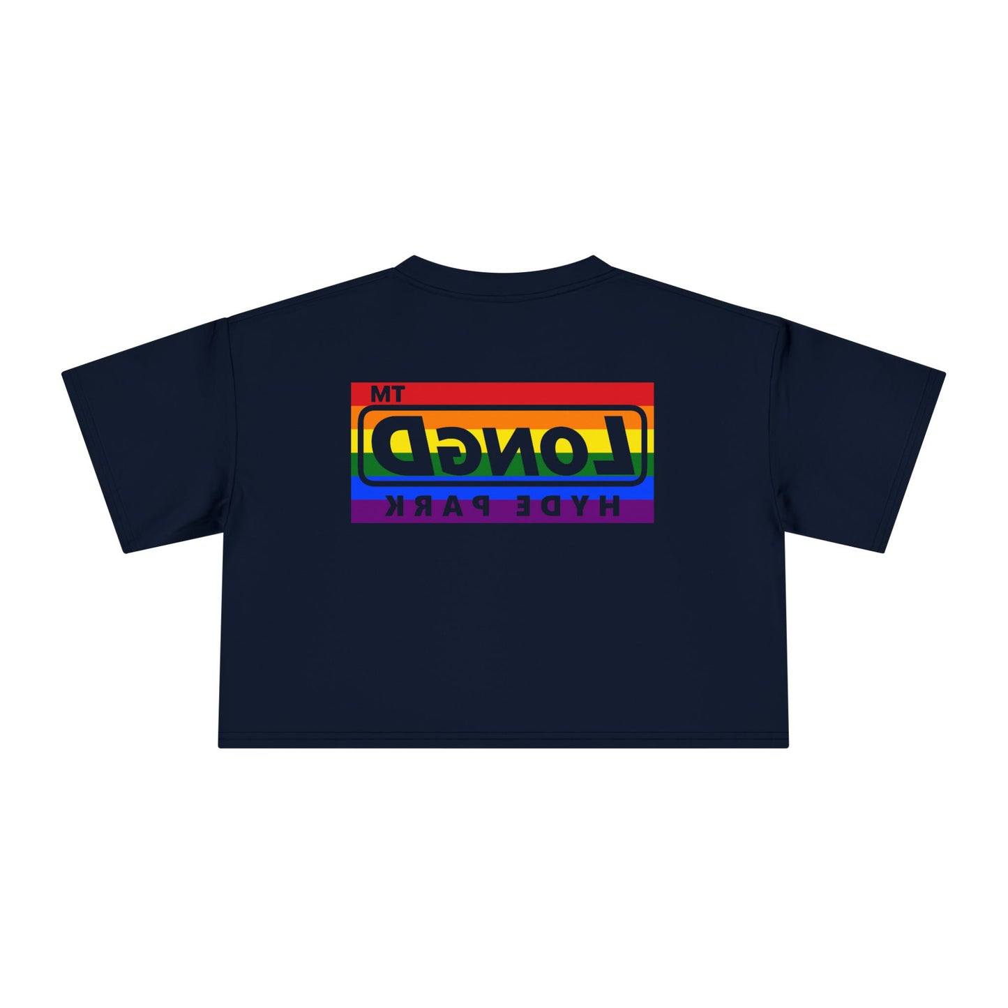 LongD negative horizontal 6-striped single-breasted Hyde Park logo reverse front-back crop tee (Pride colors)