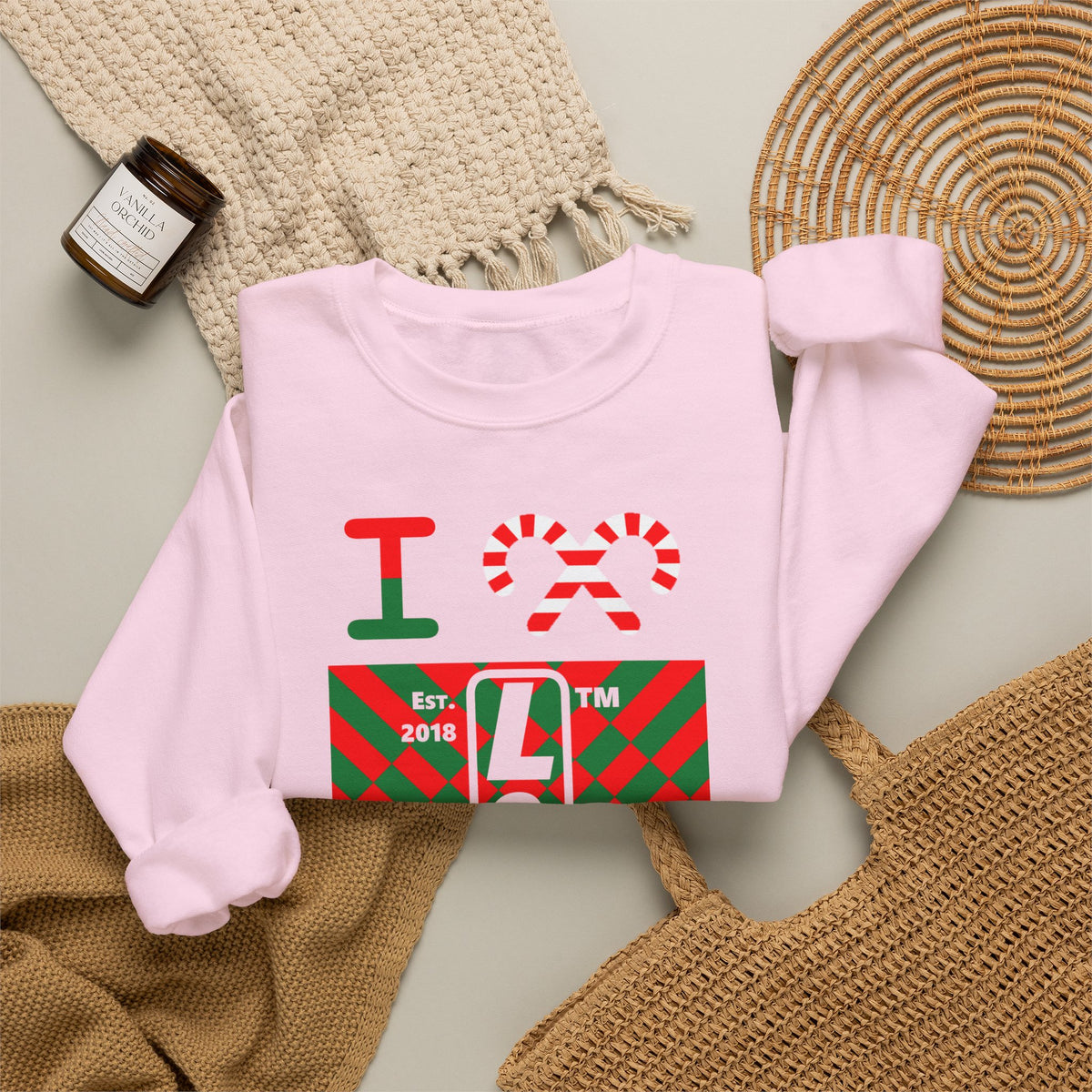 I candy cane LongD Chicago negative upright stylized argyle logo crewneck sweatshirt