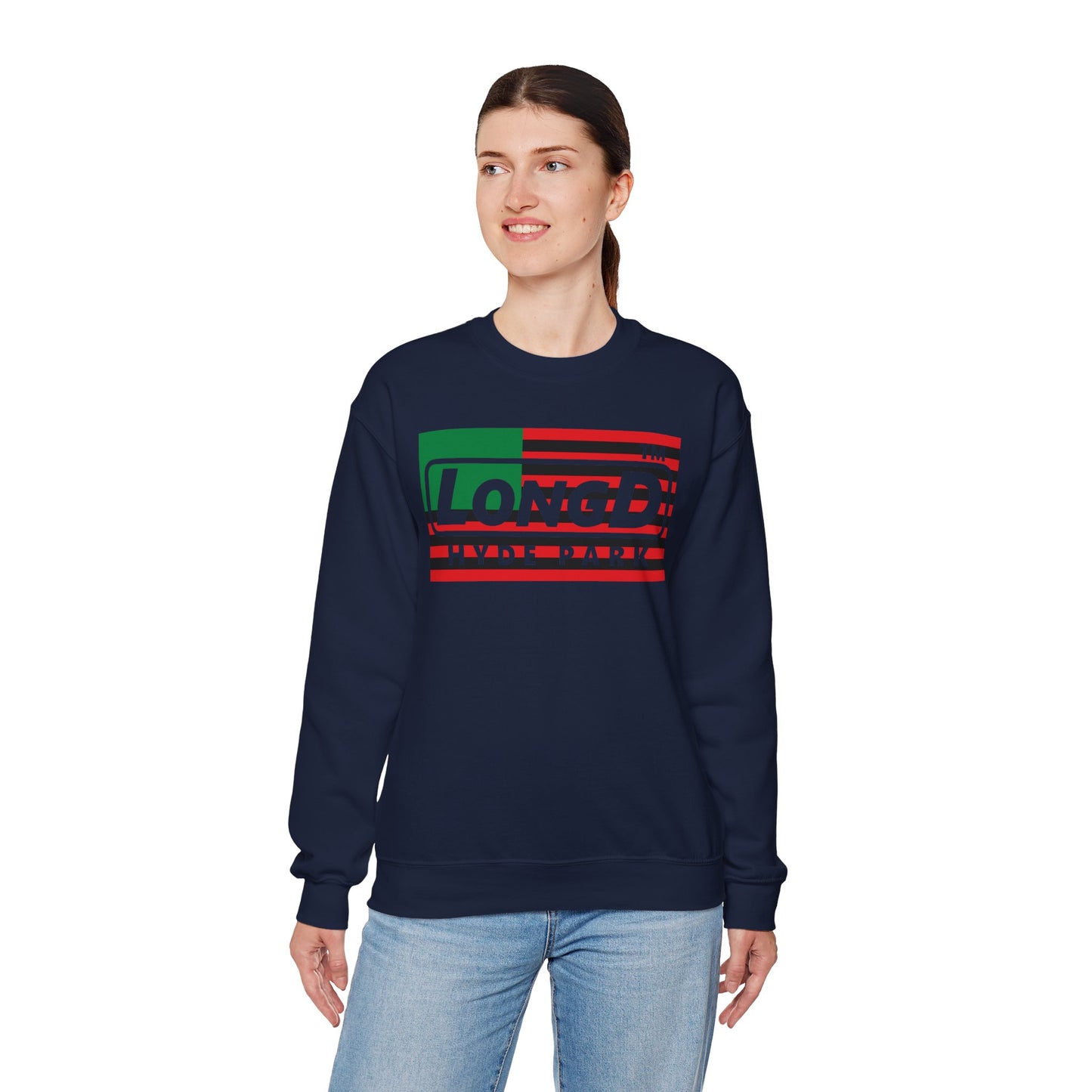 LongD negative flag Hyde Park logo crewneck sweatshirt (Juneteenth colors)