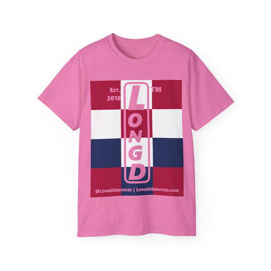 LongD cotton tee negative 4x3 tag-domain upright logo (Patriotic colors)