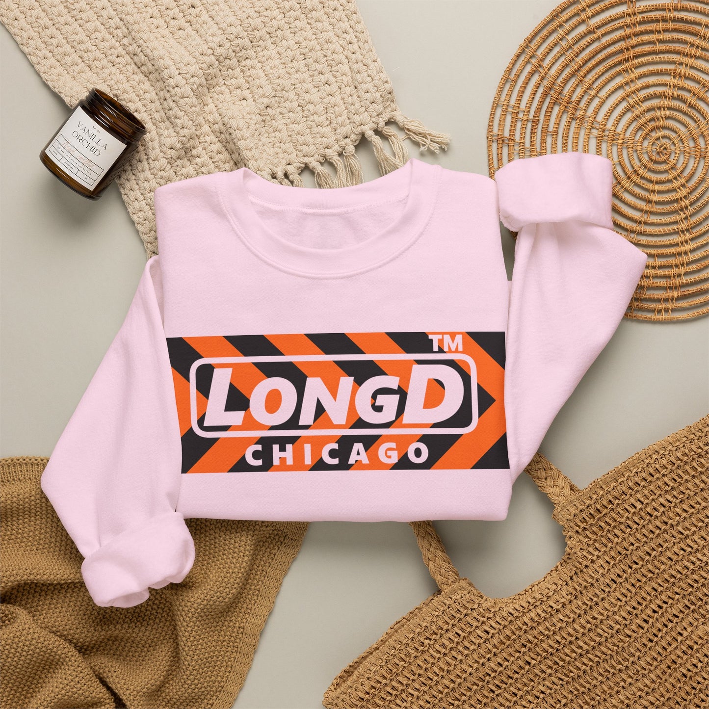 LongD Chicago negative forward chevron logo (Halloween colors) crewneck sweatshirt