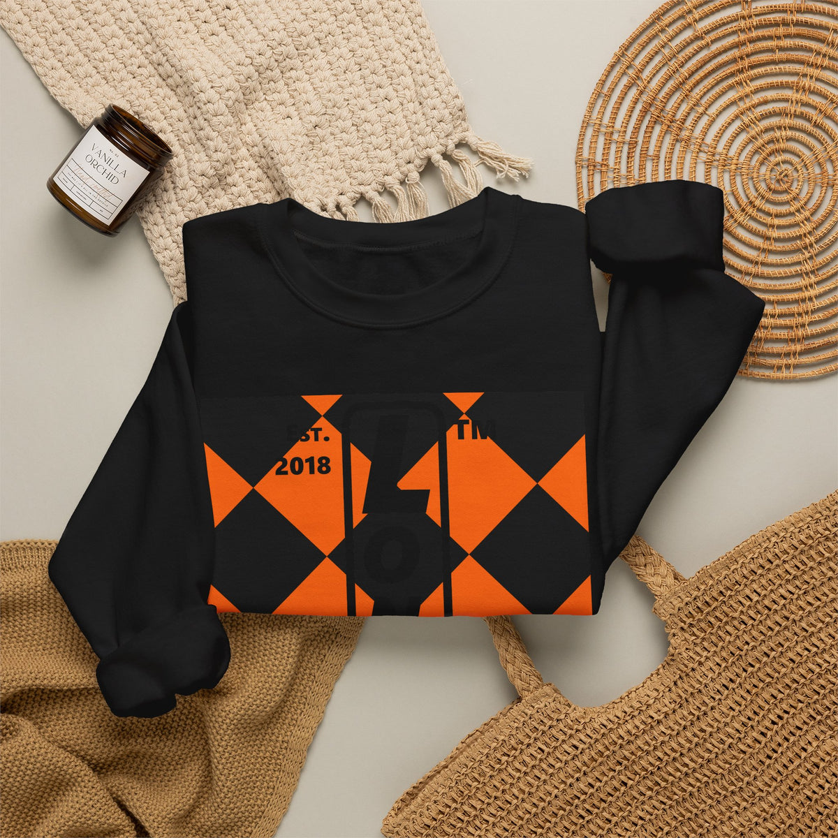 LongD Hyde Park negative upright argyle logo (Halloween colors) crewneck sweatshirt