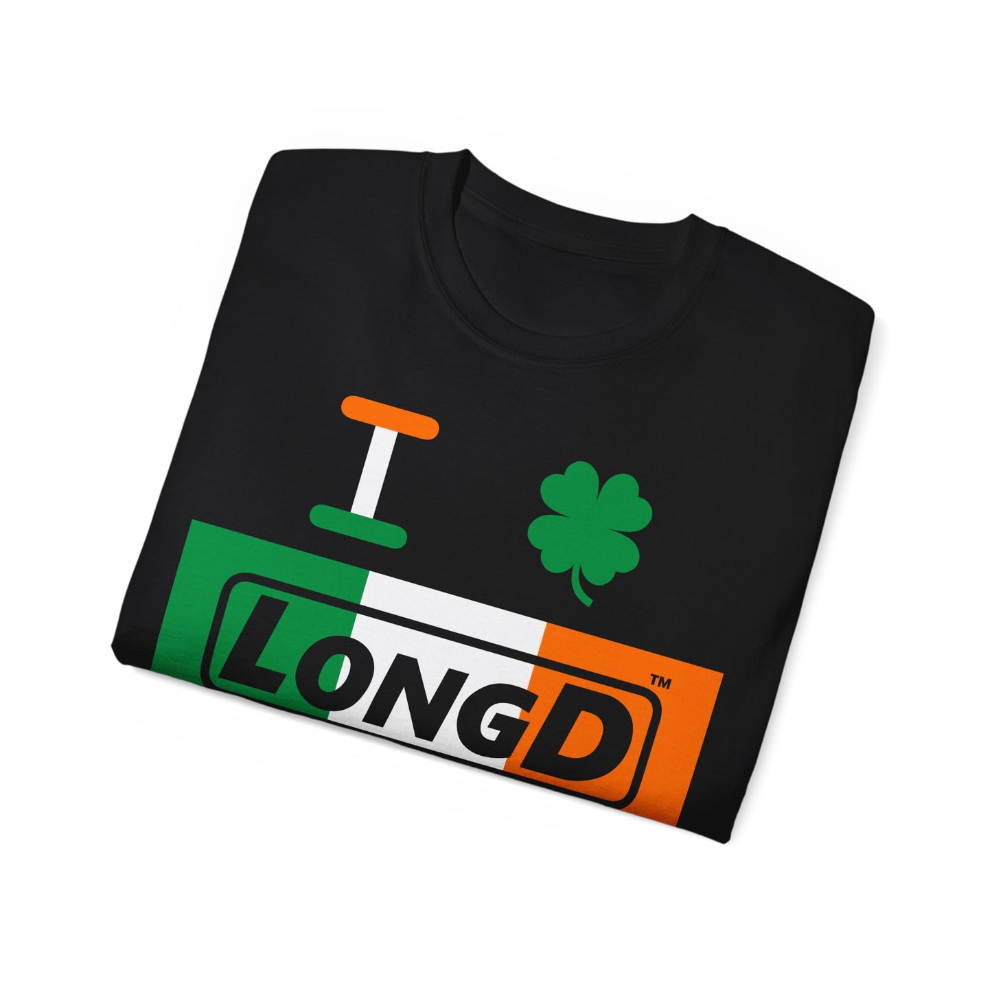 I Clover LongD® Logo Cotton Tee (St. Patrick's Day -Irish Green, White and Irish Orange negative thirds with 4-leaf clover)