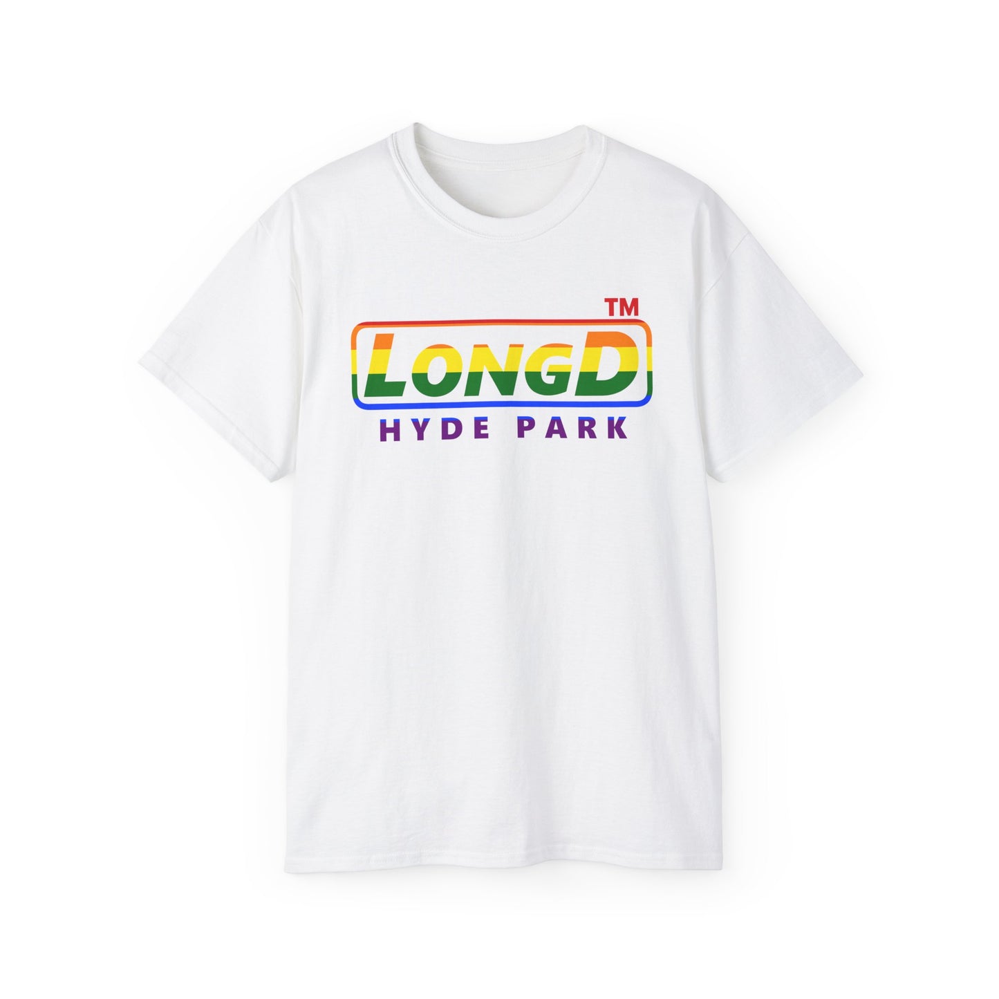LongD positive vertical striped front-back Hyde Park logo cotton tee (Pride colors)