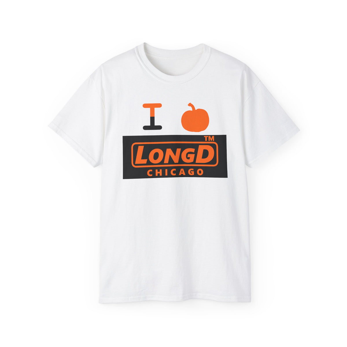 I pumpkin LongD Chicago logo positive orange on negative black cotton tee