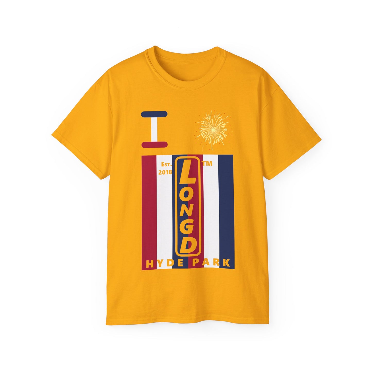 I Burst LongD cotton tee negative vertical 6-striped Hyde Park upright logo (Patriotic colors)