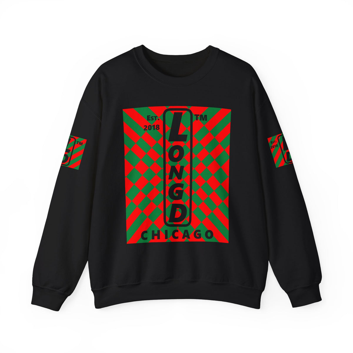 LongD Chicago negative upright stylized argyle 4-print logo (Xmas colors) crewneck sweatshirt