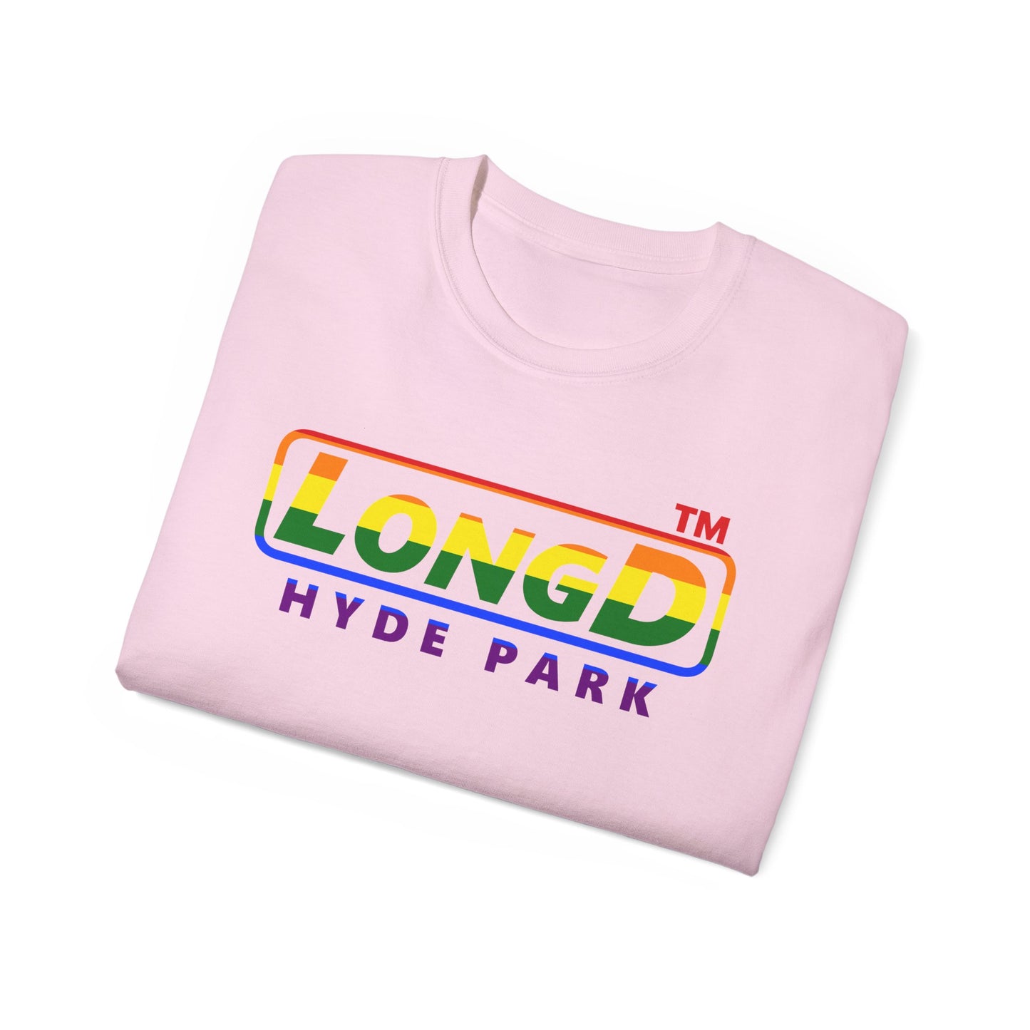 LongD positive vertical striped front-back Hyde Park logo cotton tee (Pride colors)