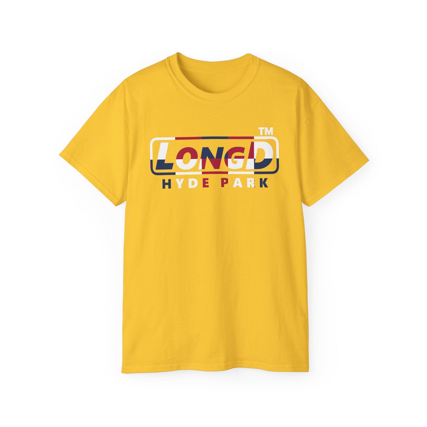 LongD positive 2x5 front-back Hyde Park logo cotton tee (patriotic colors)