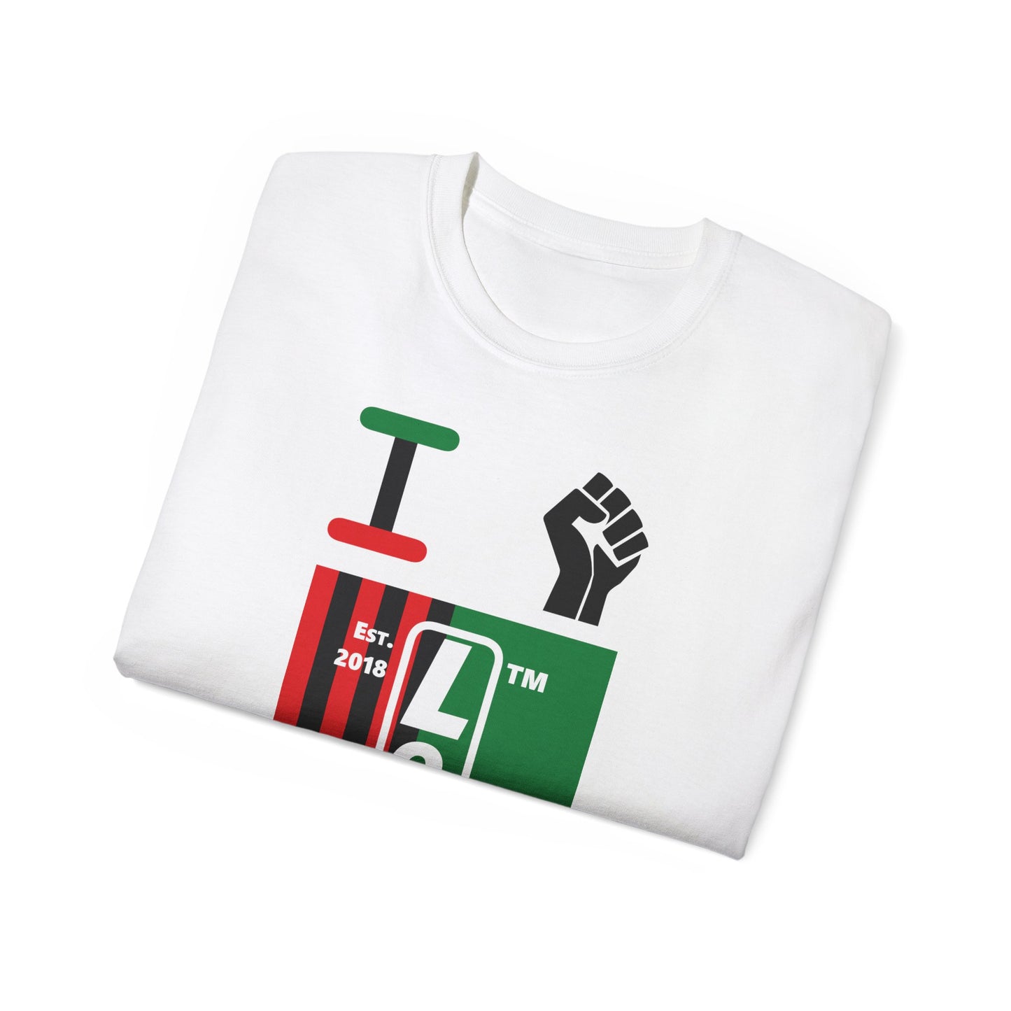 I fist LongD Cotton Tee negative flag Chicago upright logo (Juneteenth colors)