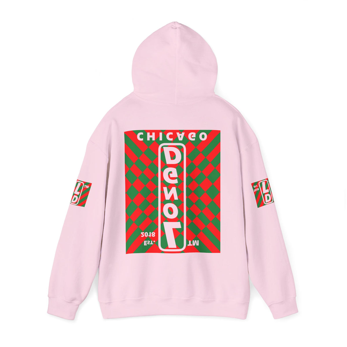 LongD Chicago negative upright stylized argyle 4-print logo (Xmas colors) hoodie