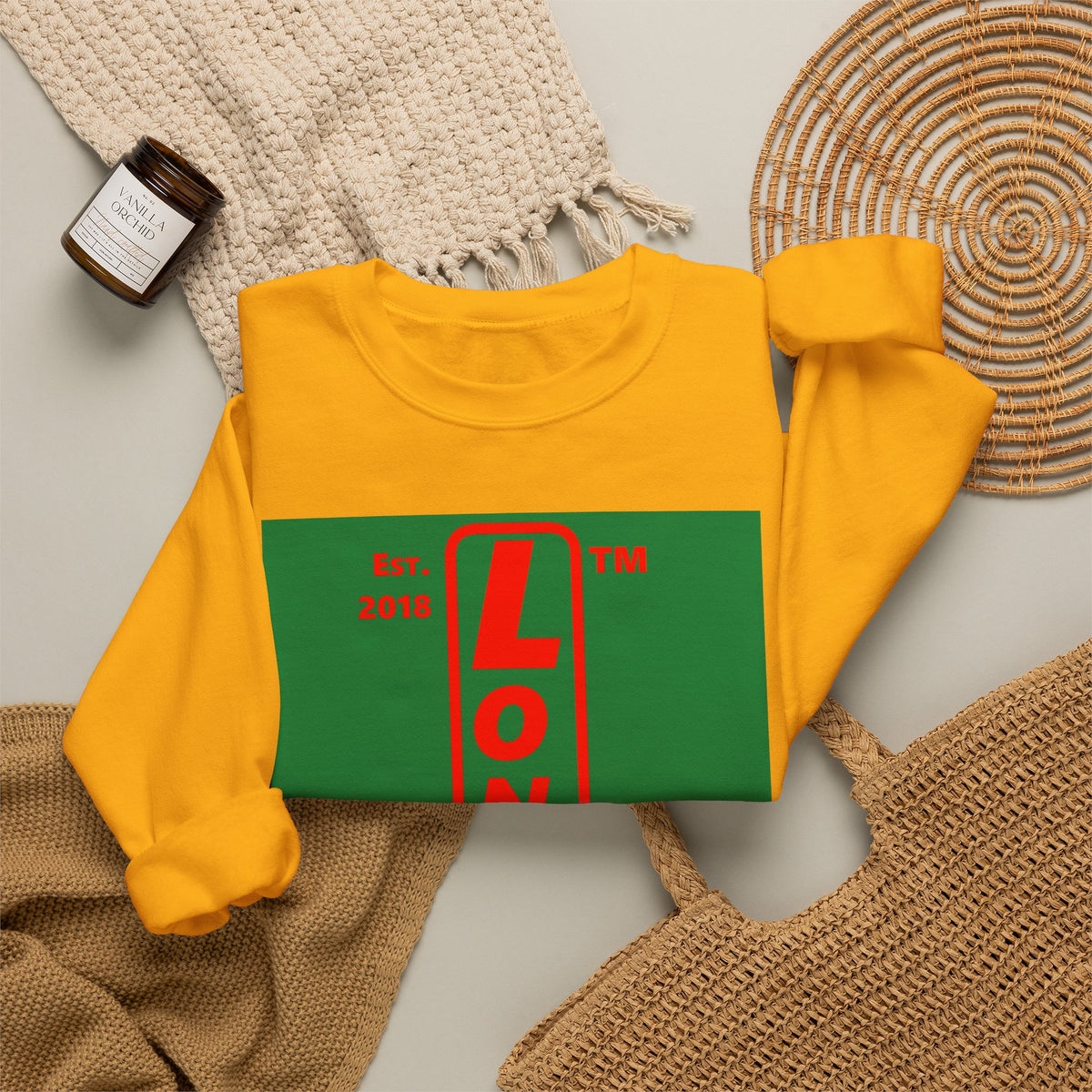 LongD Chicago upright logo positive red on negative green (Xmas colors) crewneck sweatshirt