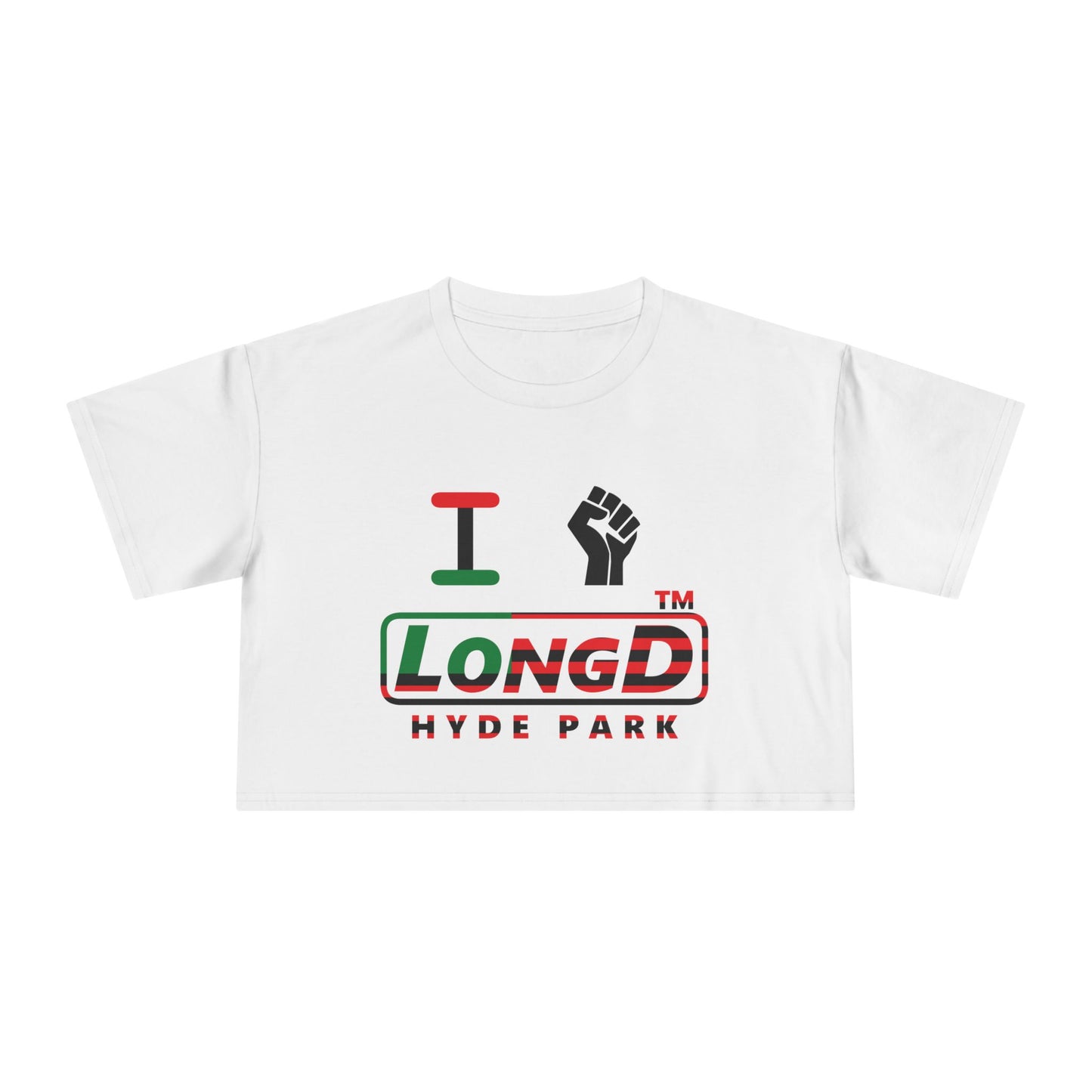 I fist LongD positive flag Hyde Park logo crop tee