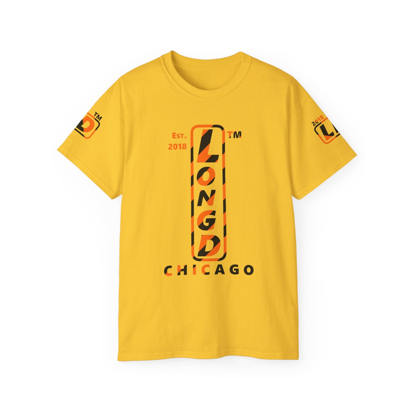 LongD Chicago positive upright pixel-weighted 12-striped 4-print logo (Halloween colors) cotton tee