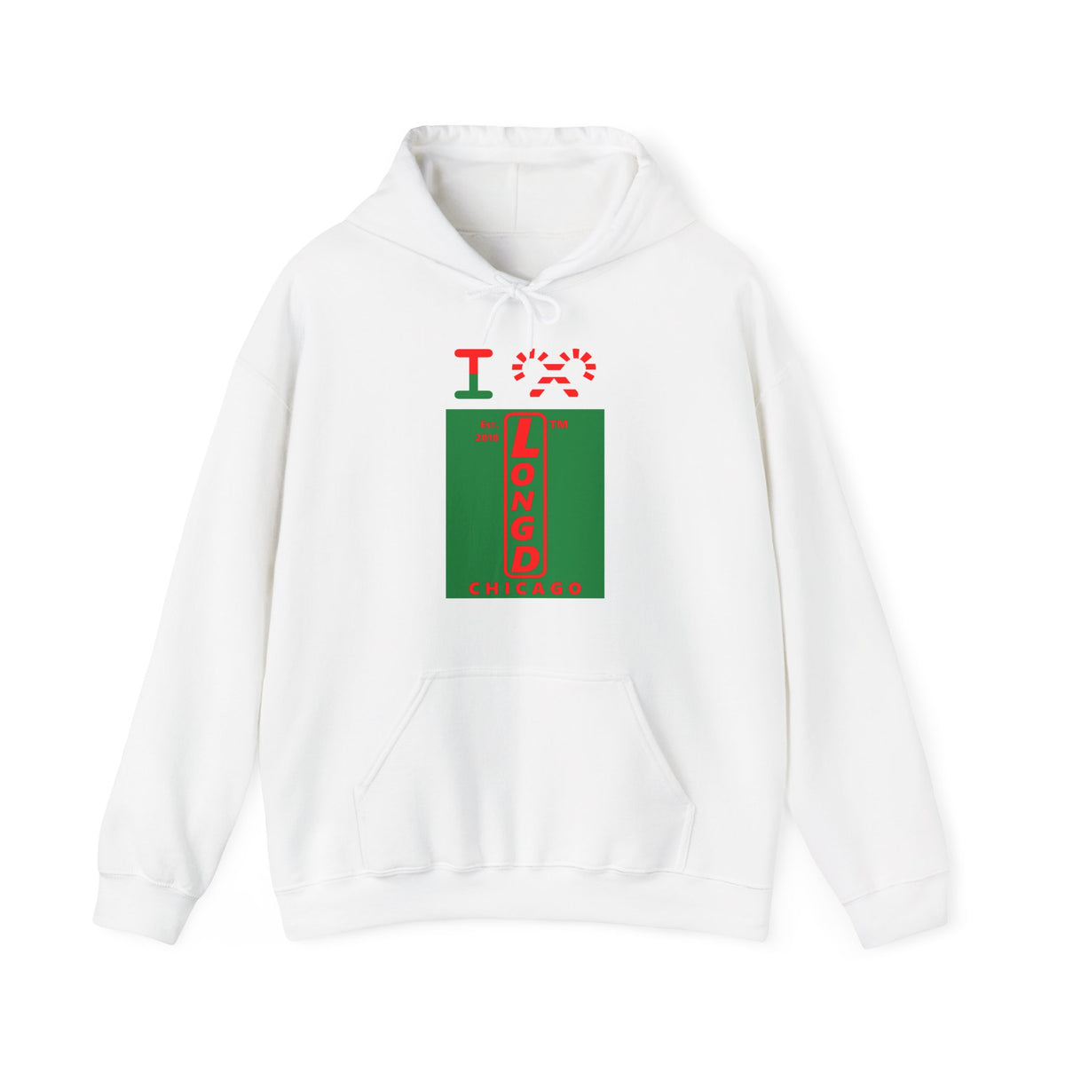 I candy cane LongD Chicago upright logo positive red on negative green hoodie