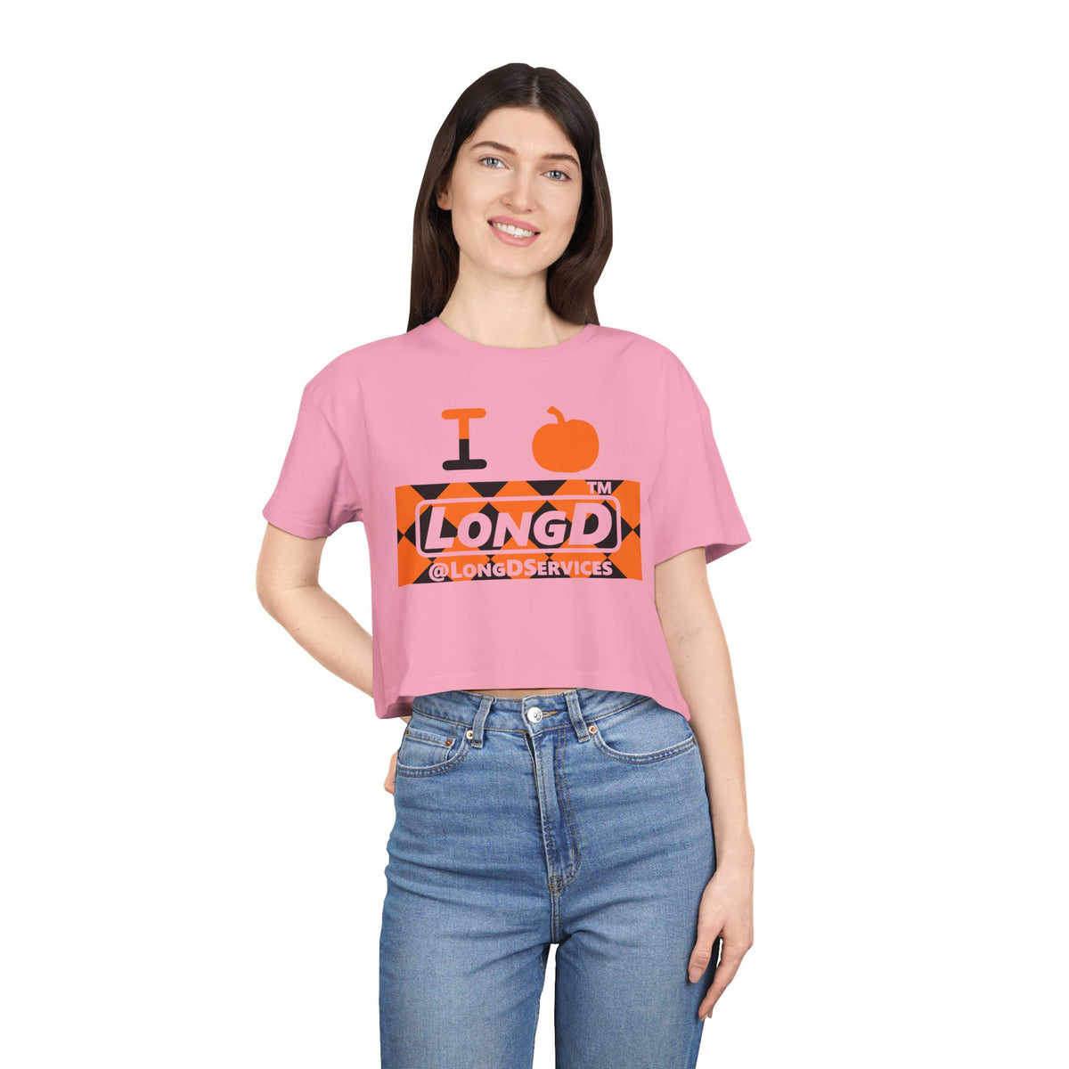 I pumpkin LongD Tag negative argyle logo crop tee