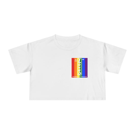 Negative vertical 6-striped upright single-breasted tag-domain logo crop tee (Pride colors)