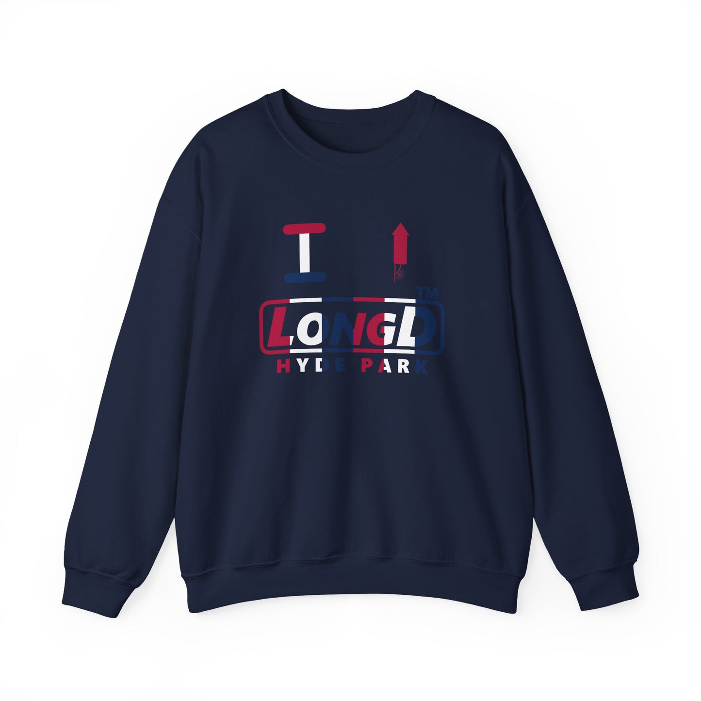 I firecracker LongD positive vertical 6-striped Hyde Park logo crewneck sweatshirt