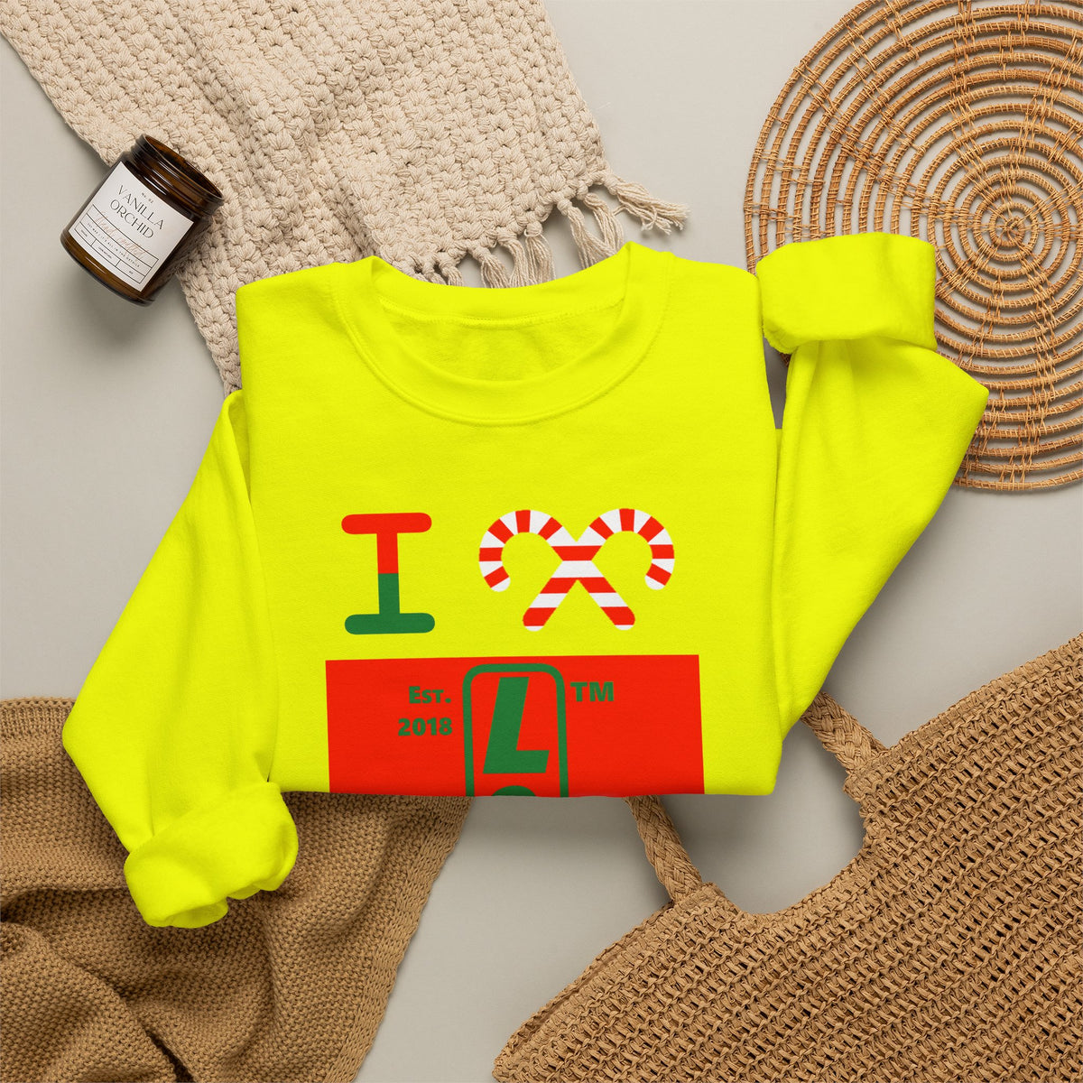 I candy cane LongD Chicago upright logo positive green on negative red crewneck sweatshirt