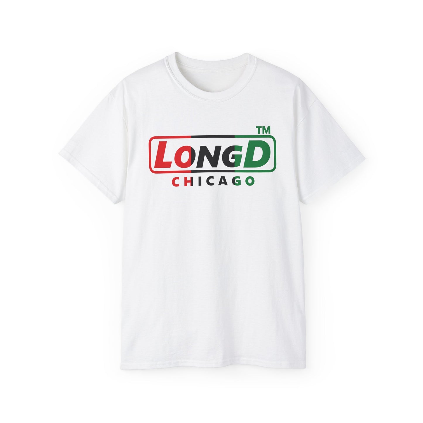 LongD positive vertical 3-striped Chicago logo cotton tee (Juneteenth colors)