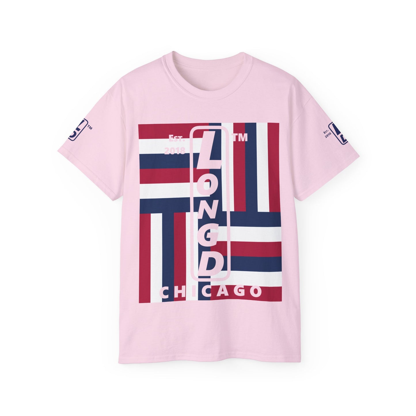 LongD cotton tee negative windmill 4-print Chicago upright logo (Patriotic colors)