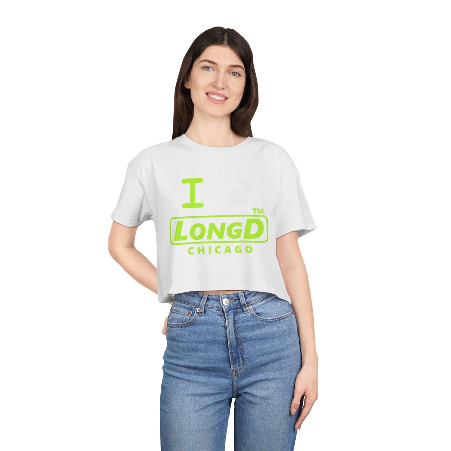 I Bunny LongD positive lime green Chicago Logo Crop Tee