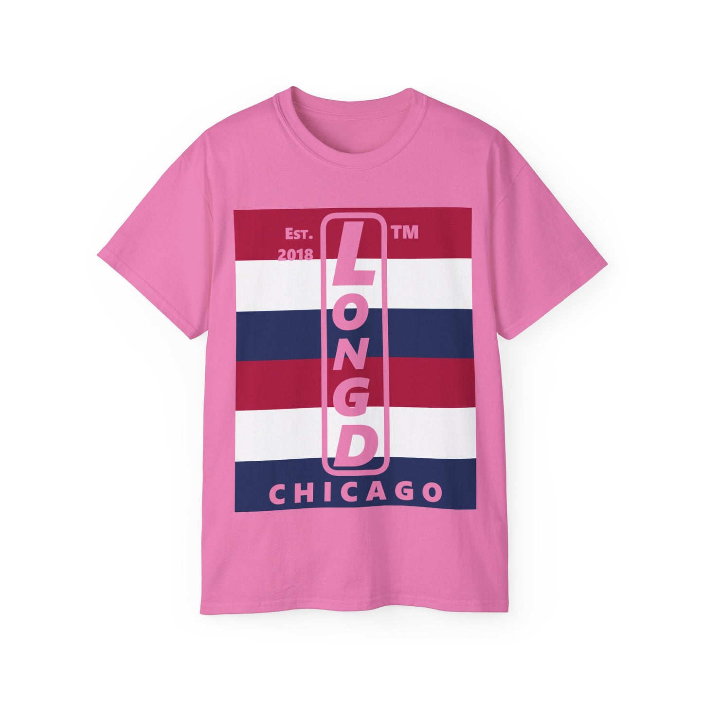 LongD cotton tee negative horizontal 6-striped Chicago upright logo (Patriotic colors)