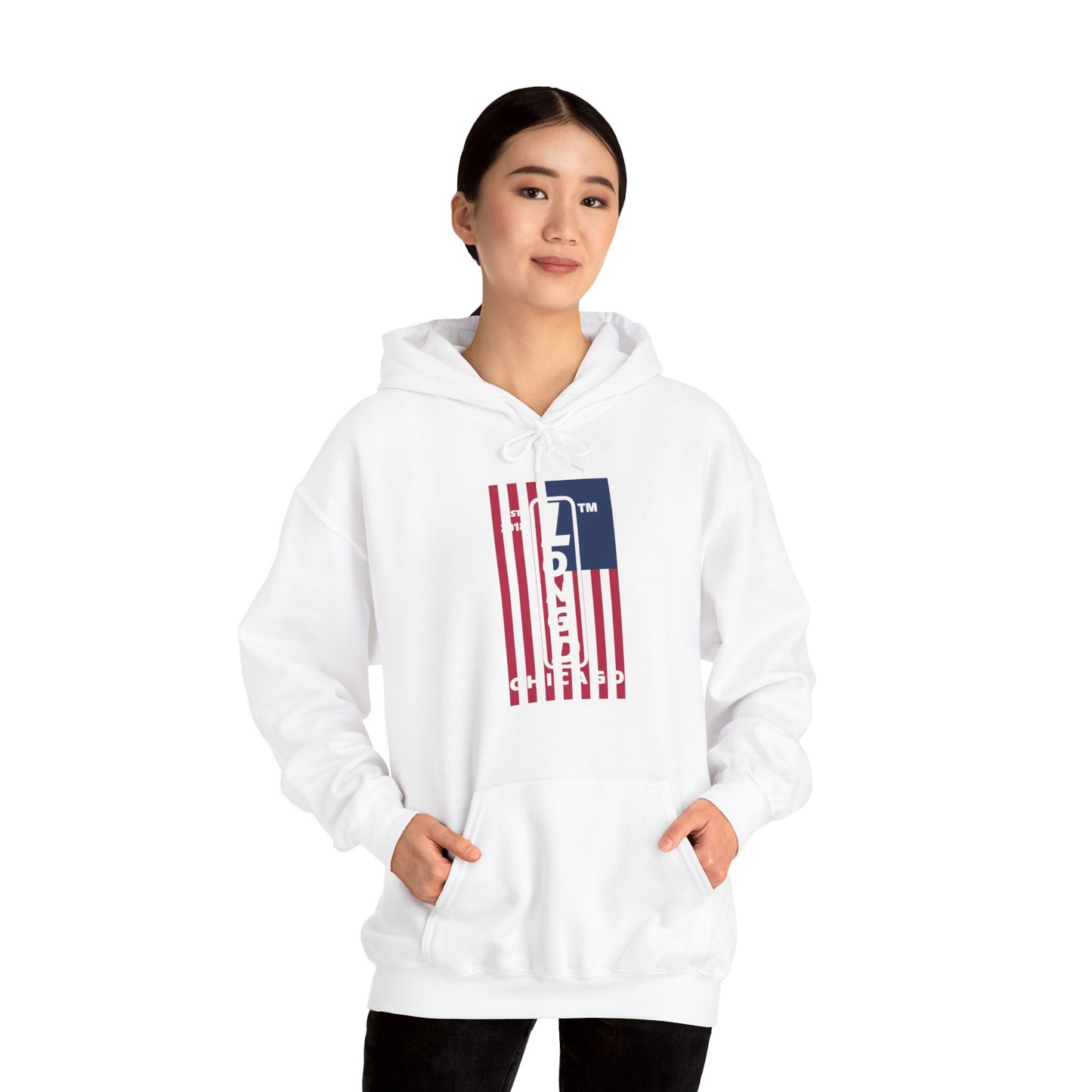 LongD® negative flag upright Chicago logo hoodie
