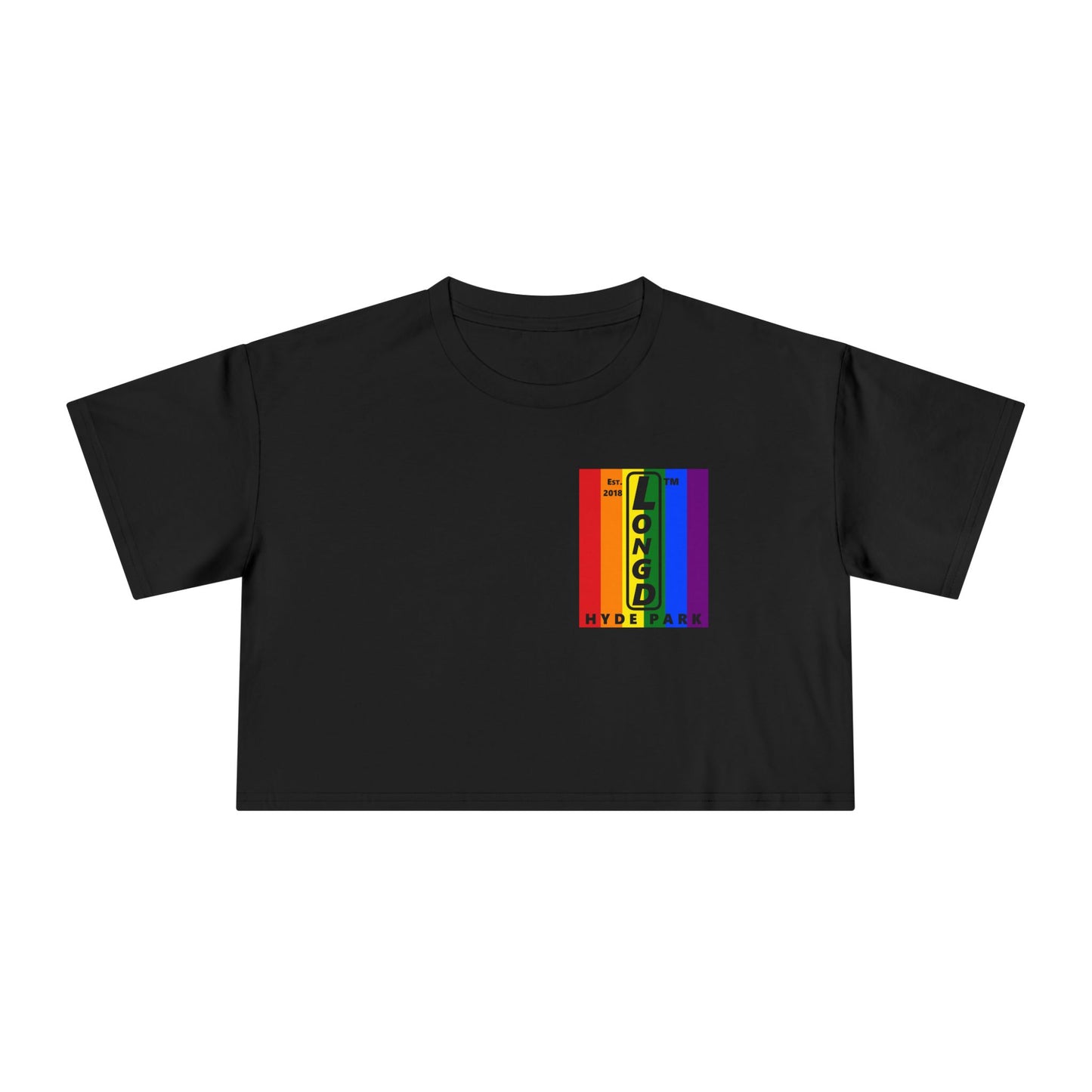 Negative vertical 6-striped upright single-breasted Hyde Park logo crop tee (Pride colors)