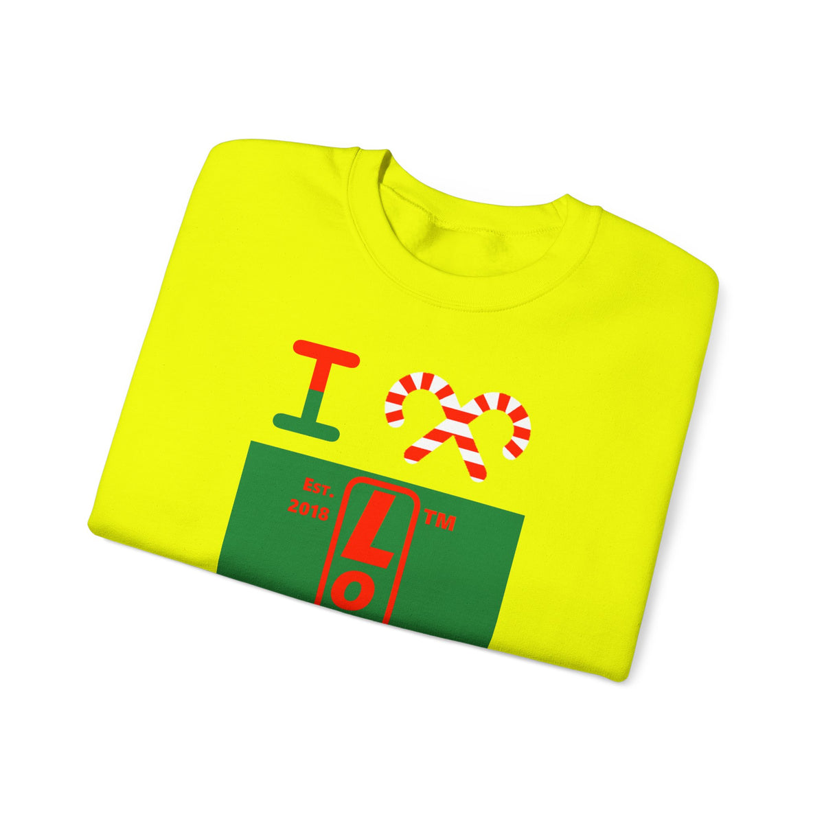 I candy cane LongD Chicago upright front-back logo positive red on negative green crewneck sweatshirt